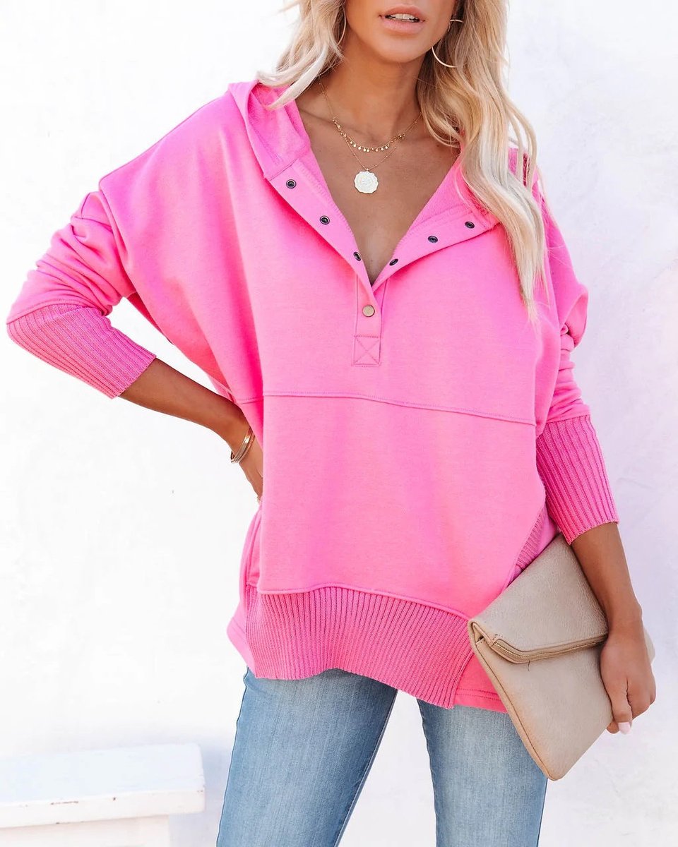 Oversized Hoodie with Snap Placket and Ribbed Sleeves