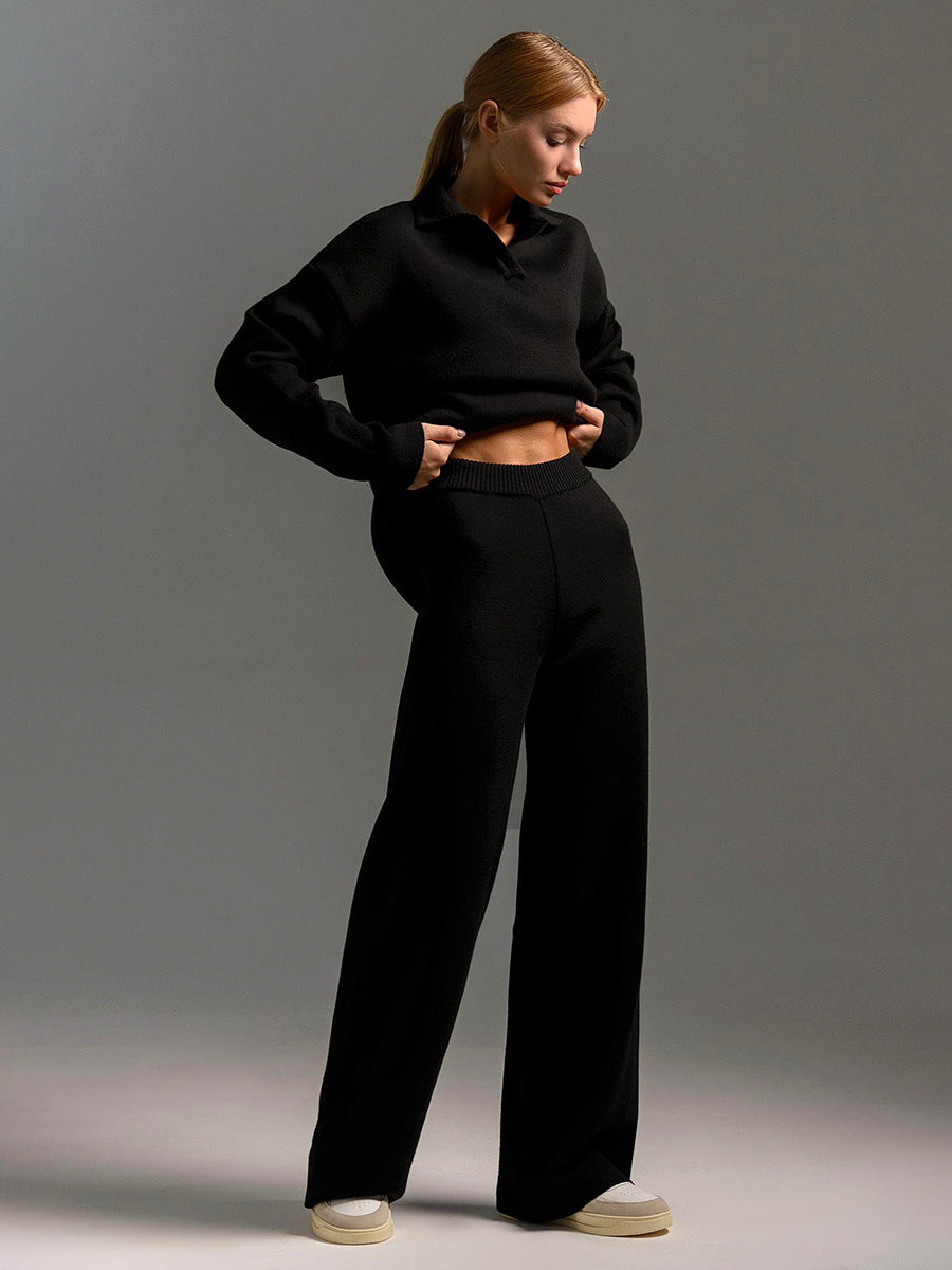 Indy | Women's Lounge Set with Oversized Polo Sweater and Wide Leg Trousers in Sand Colour