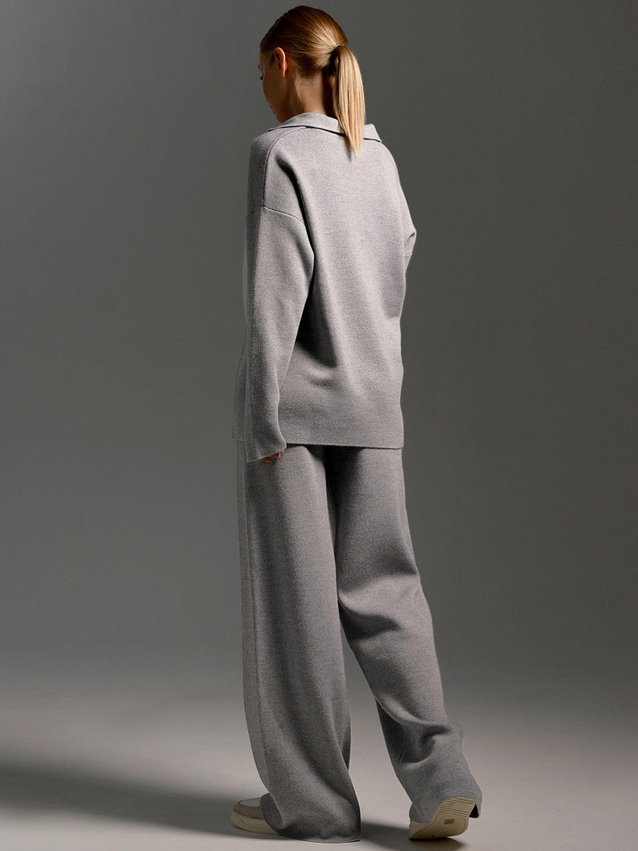 Indy | Women's Lounge Set with Oversized Polo Sweater and Wide Leg Trousers in Sand Colour