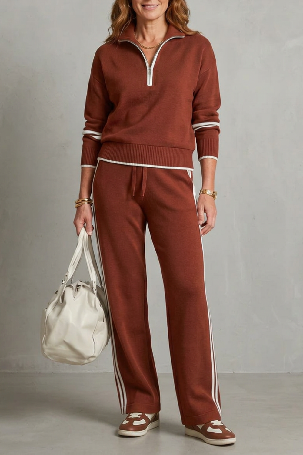Vallora Zip-Neck Contrast Lounge Set | Women's Wide-Leg Two-Piece