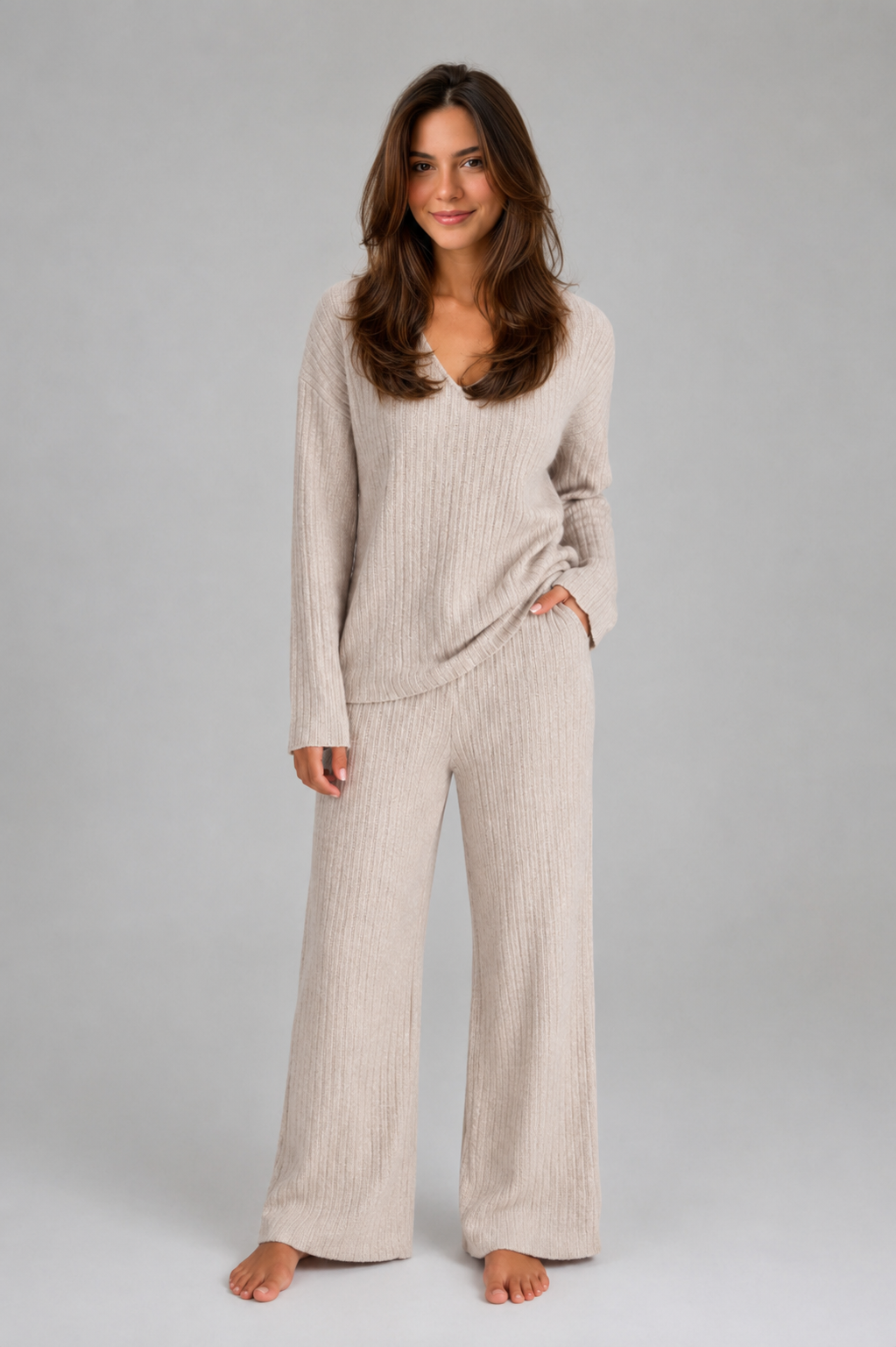 Tessa Ribbed Knit V-Neck Co-Ord | Women's Wide-Leg Set