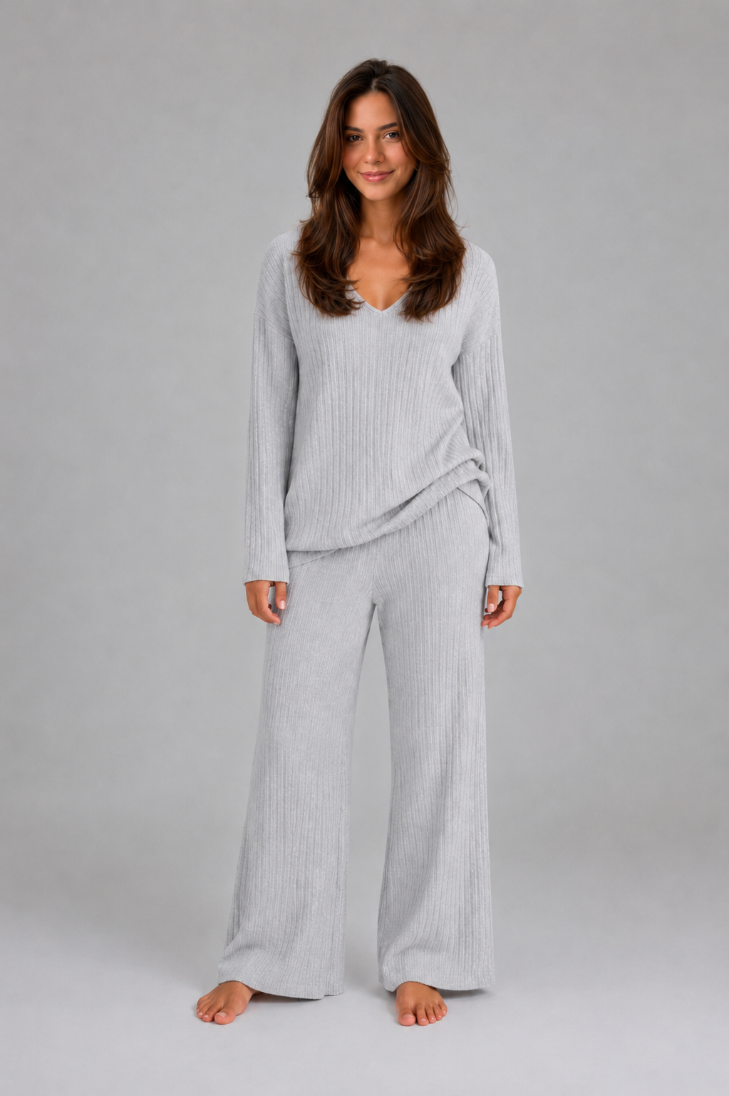 Tessa Ribbed Knit V-Neck Co-Ord | Women's Wide-Leg Set