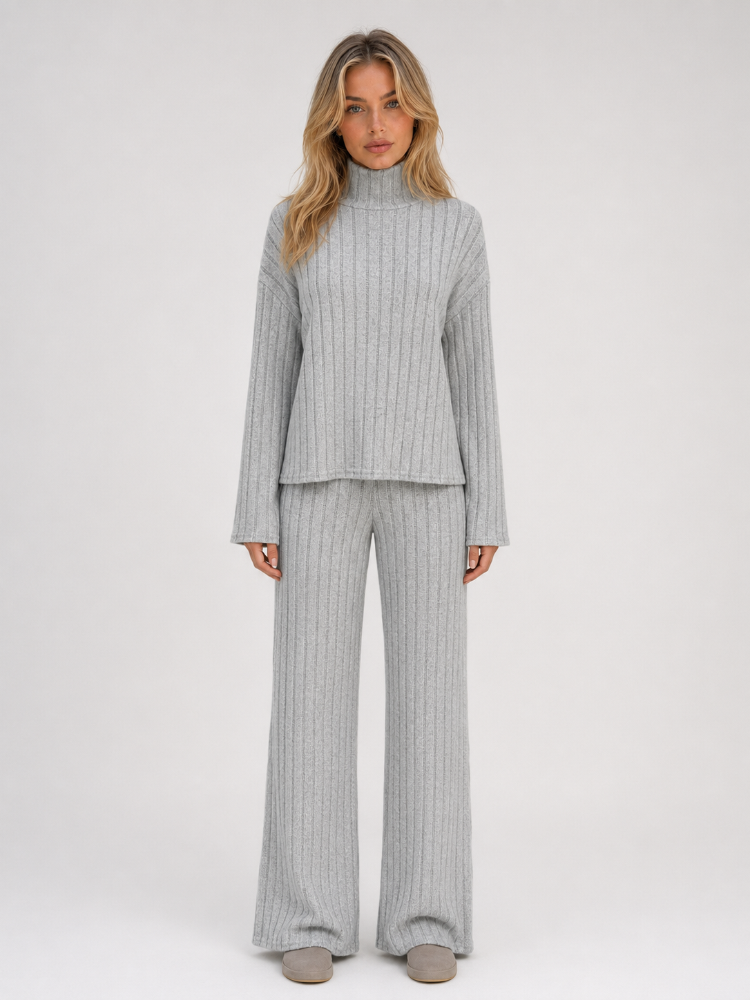 Women's Ribbed Knitted Lounge Set – Roll Neck Jumper & Wide Leg Trousers