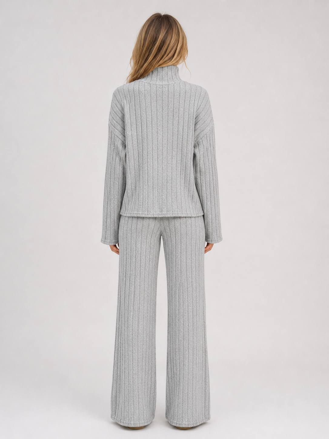 Women's Ribbed Knitted Lounge Set – Roll Neck Jumper & Wide Leg Trousers