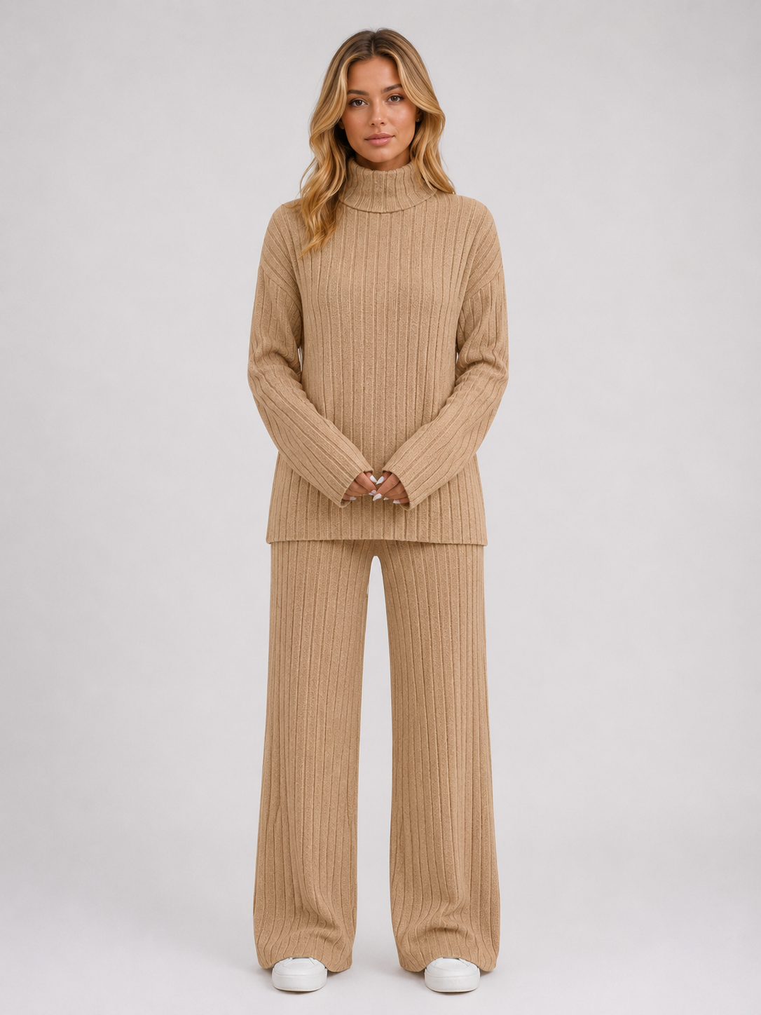 Women's Ribbed Knitted Lounge Set – Roll Neck Jumper & Wide Leg Trousers