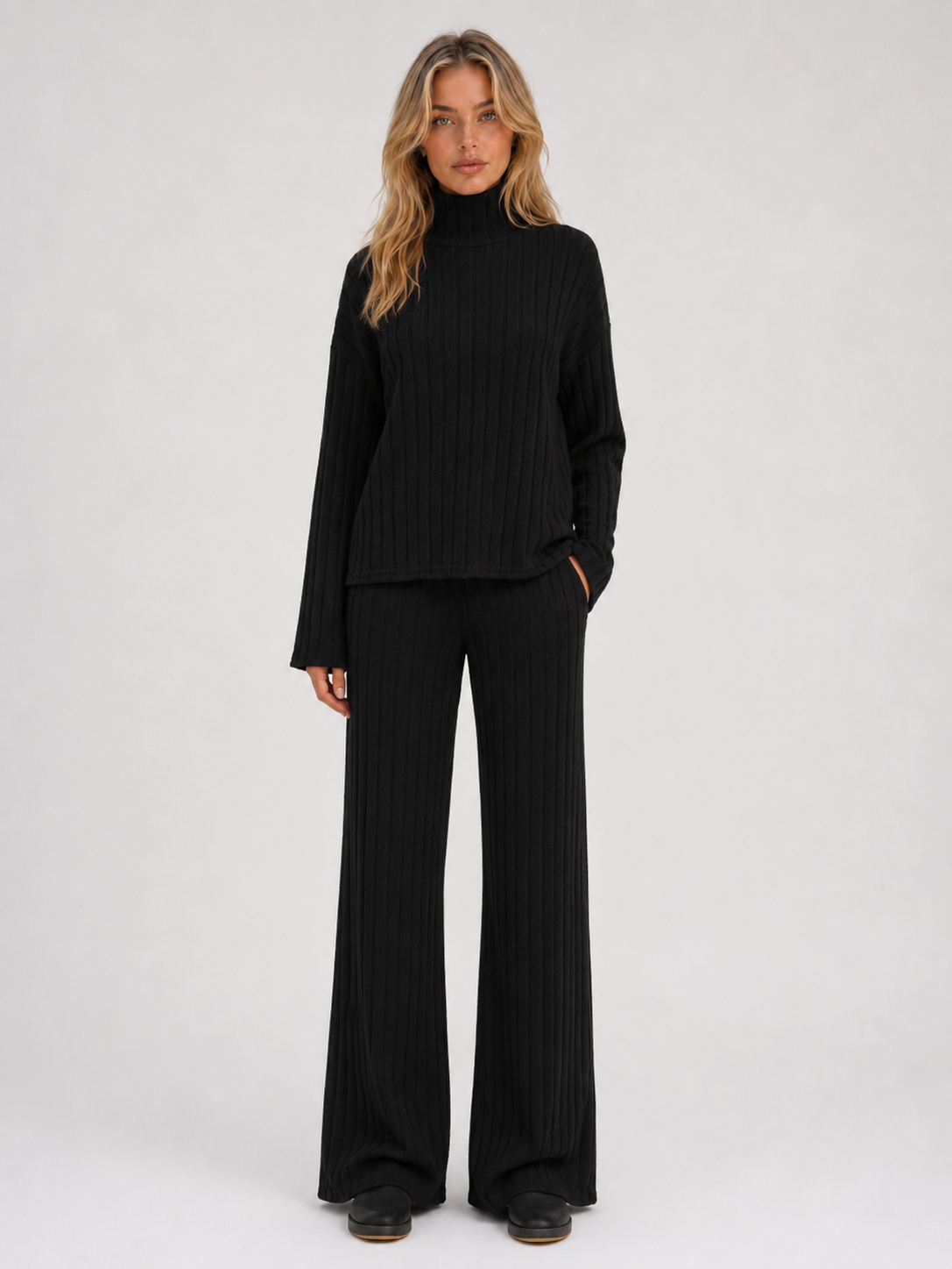 Women's Ribbed Knitted Lounge Set – Roll Neck Jumper & Wide Leg Trousers