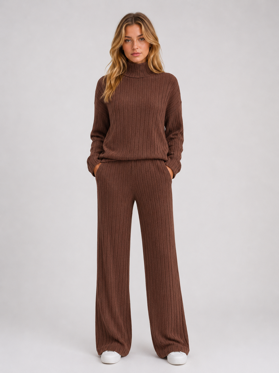 Women's Ribbed Knitted Lounge Set – Roll Neck Jumper & Wide Leg Trousers