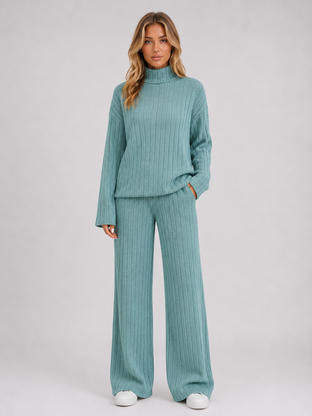 Women's Ribbed Knitted Lounge Set – Roll Neck Jumper & Wide Leg Trousers