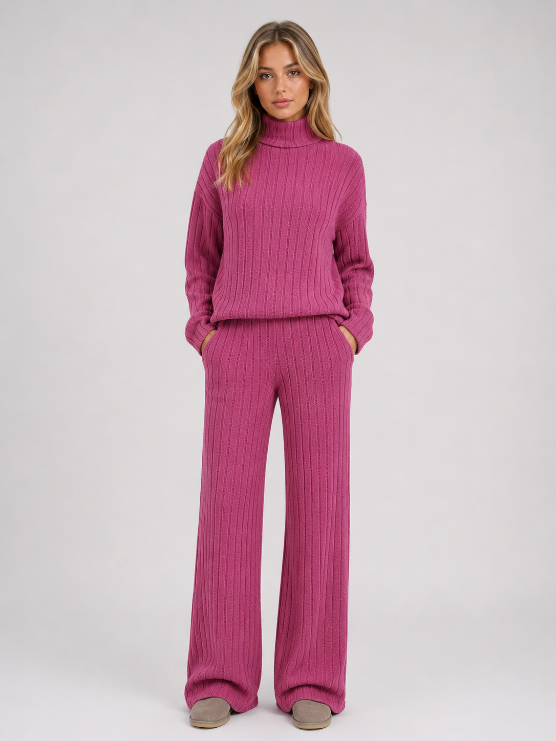 Women's Ribbed Knitted Lounge Set – Roll Neck Jumper & Wide Leg Trousers