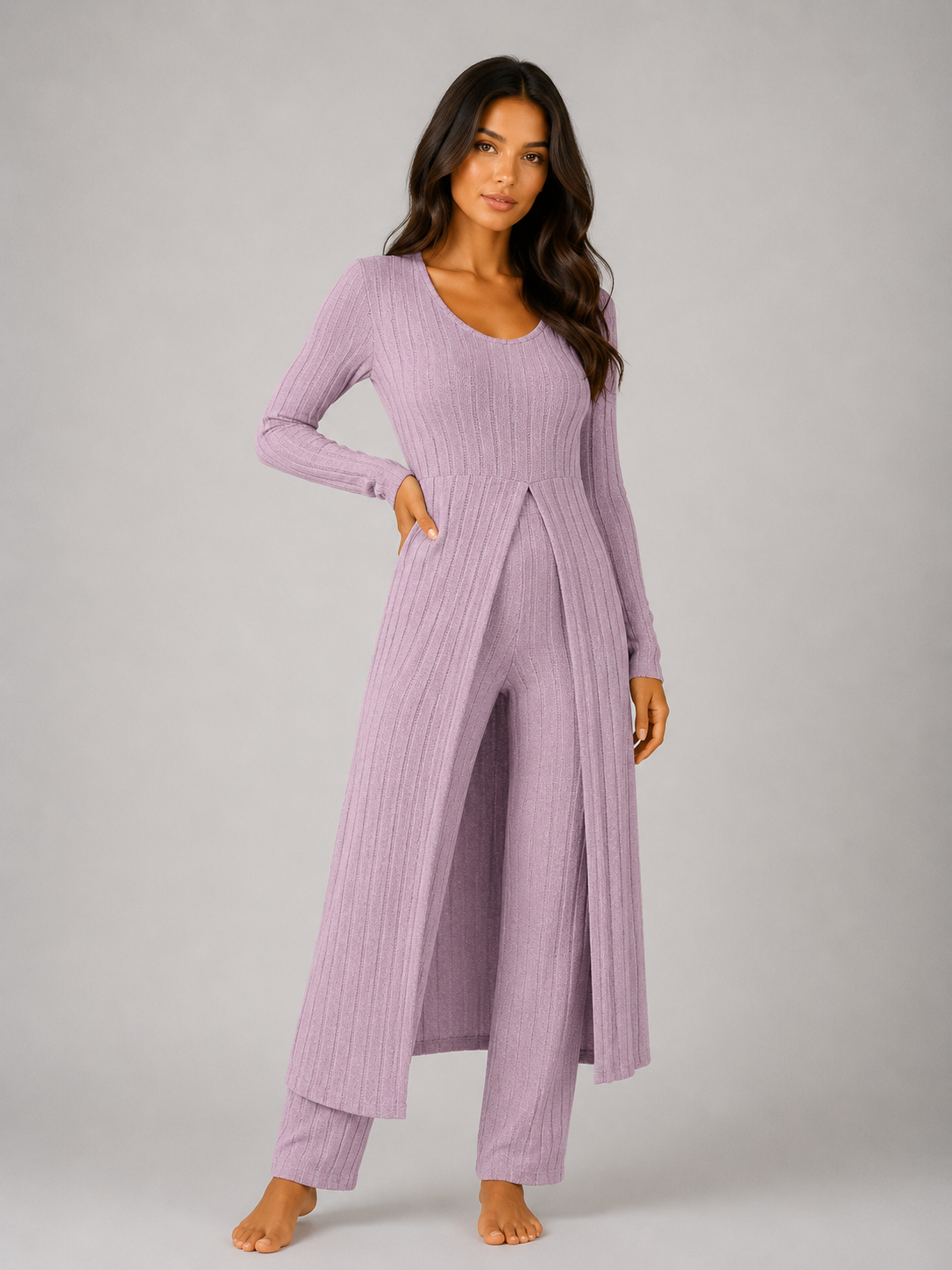 Women's Ribbed Soft Two-Piece Lounge Set - Relaxed Fit Co-Ord
