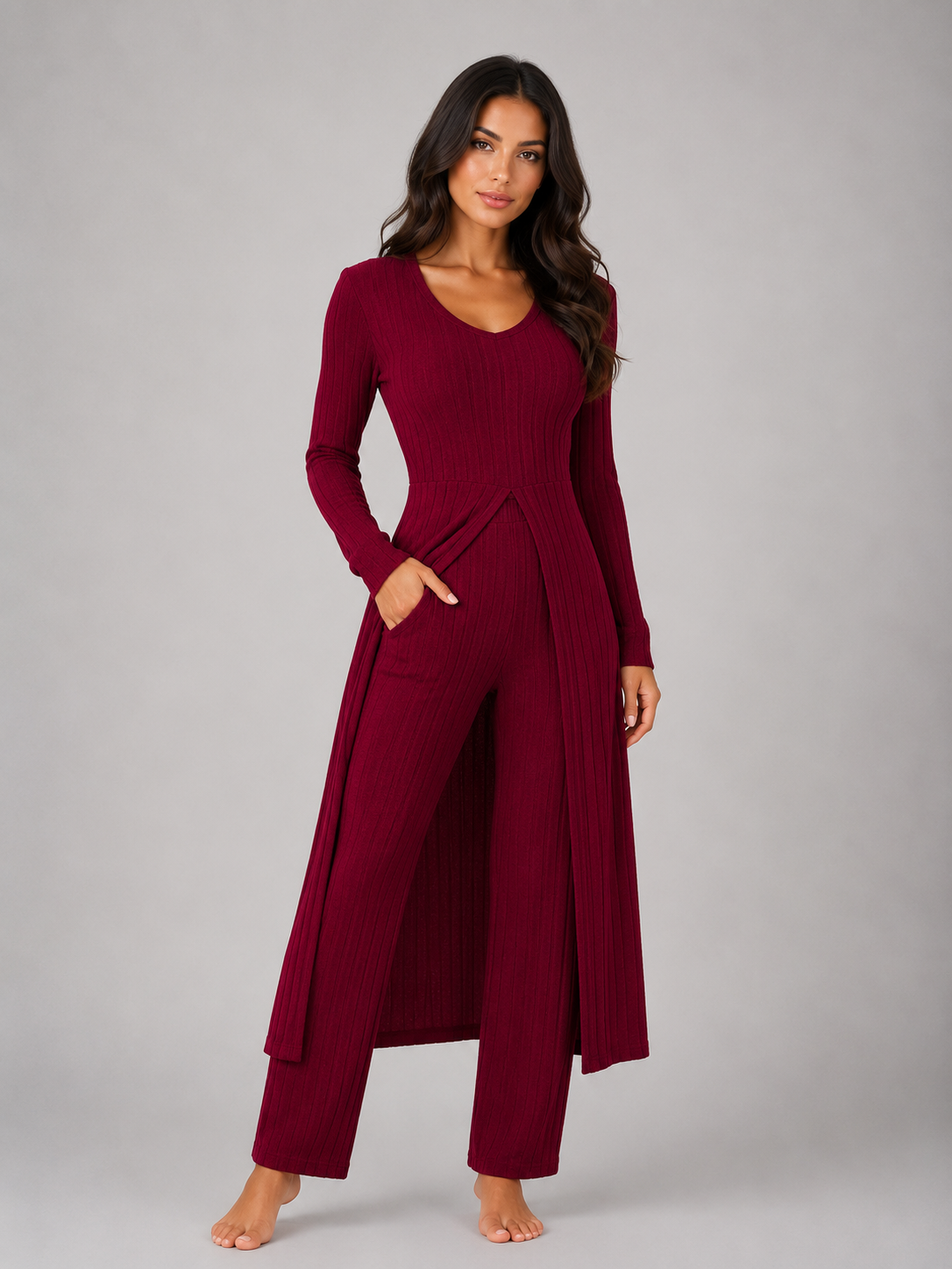 Women's Ribbed Soft Two-Piece Lounge Set - Relaxed Fit Co-Ord