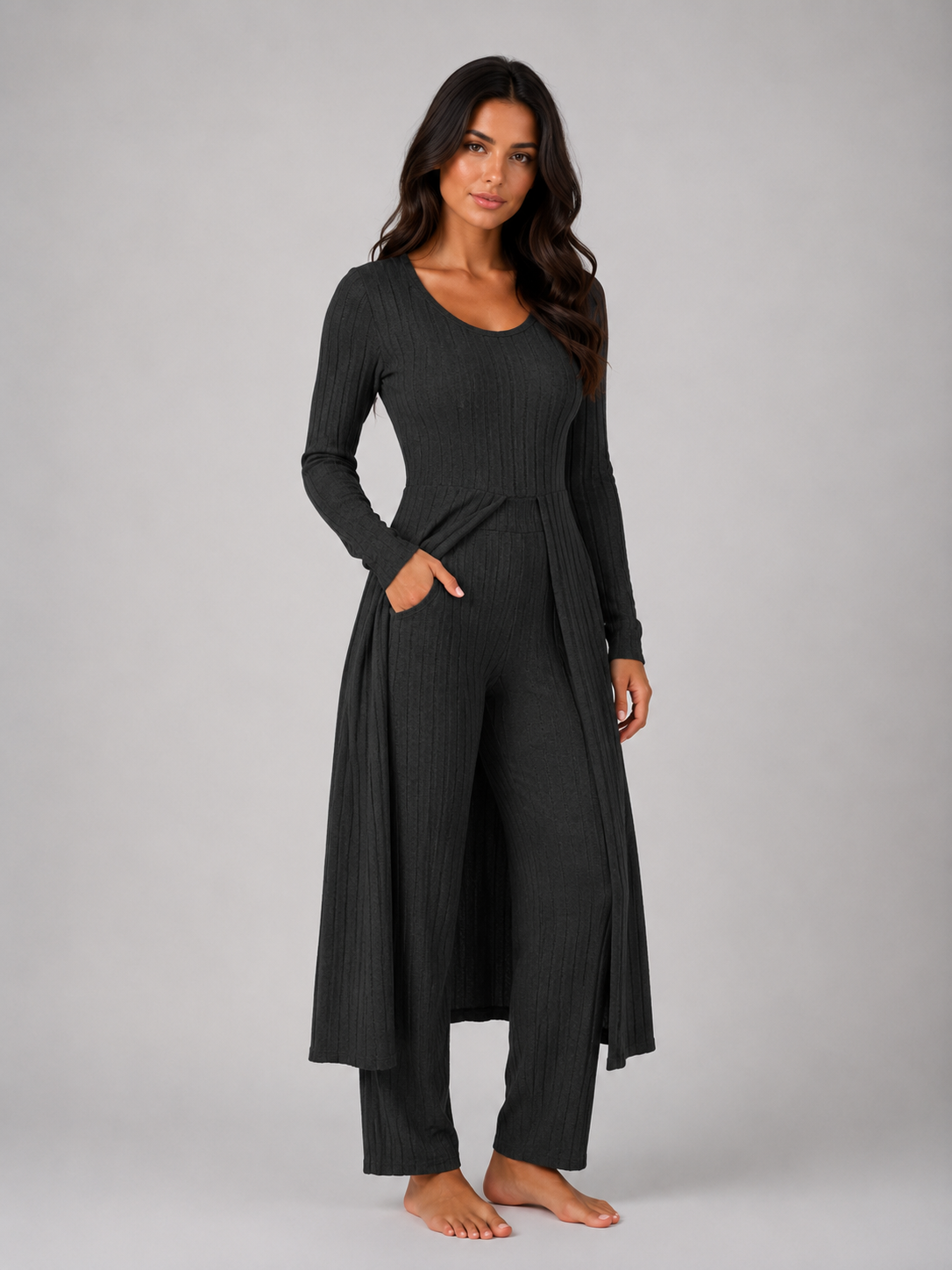 Women's Ribbed Soft Two-Piece Lounge Set - Relaxed Fit Co-Ord