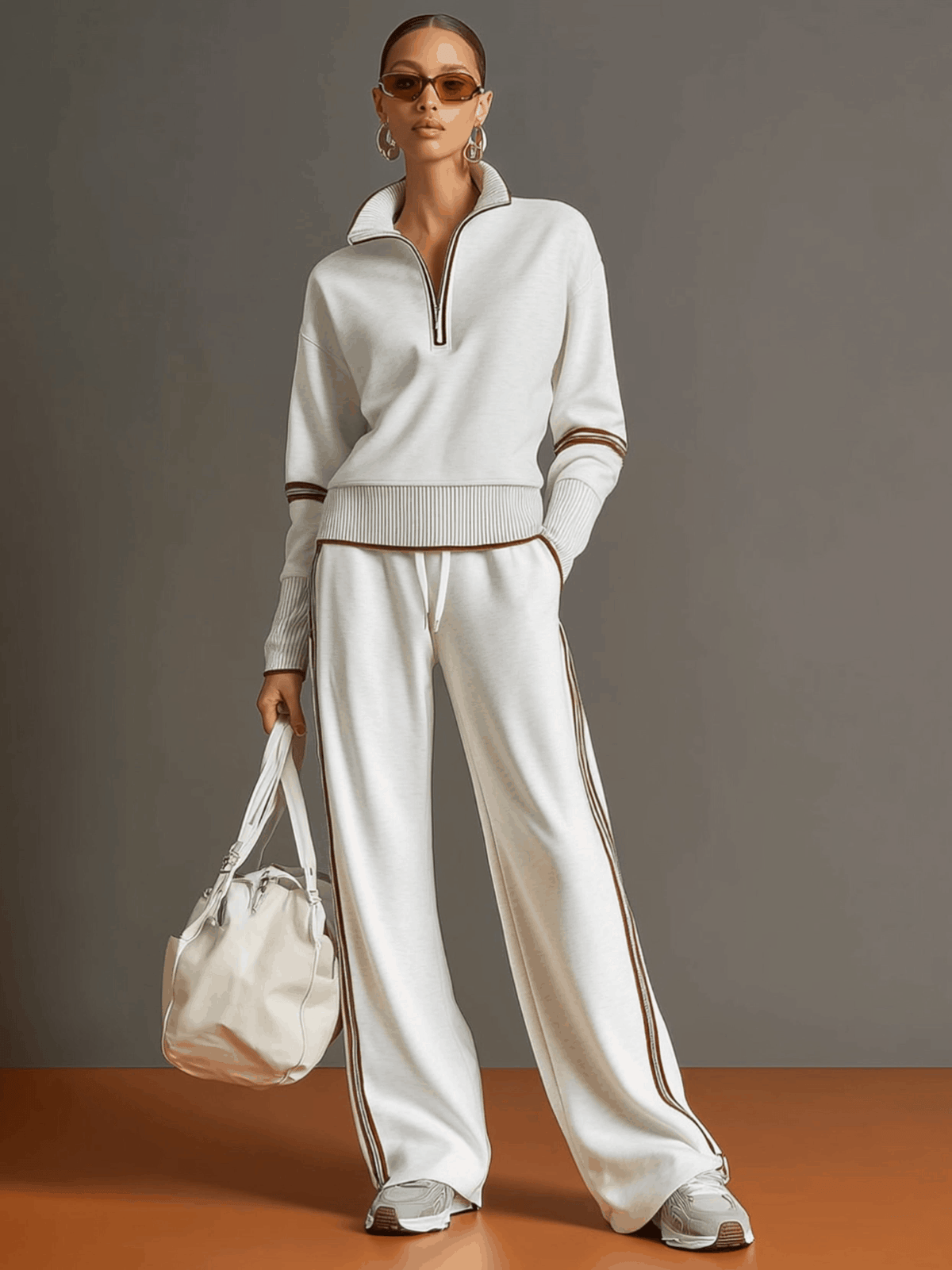 Women's Retro Two-Piece Tracksuit Set Half Zip Wide Leg