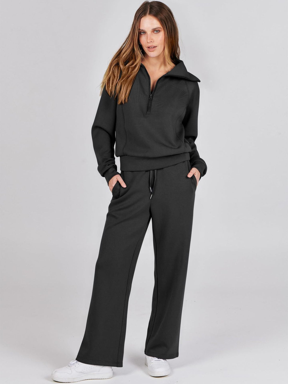 Women's Two-Piece Lounge Set Zip Neck Wide Leg