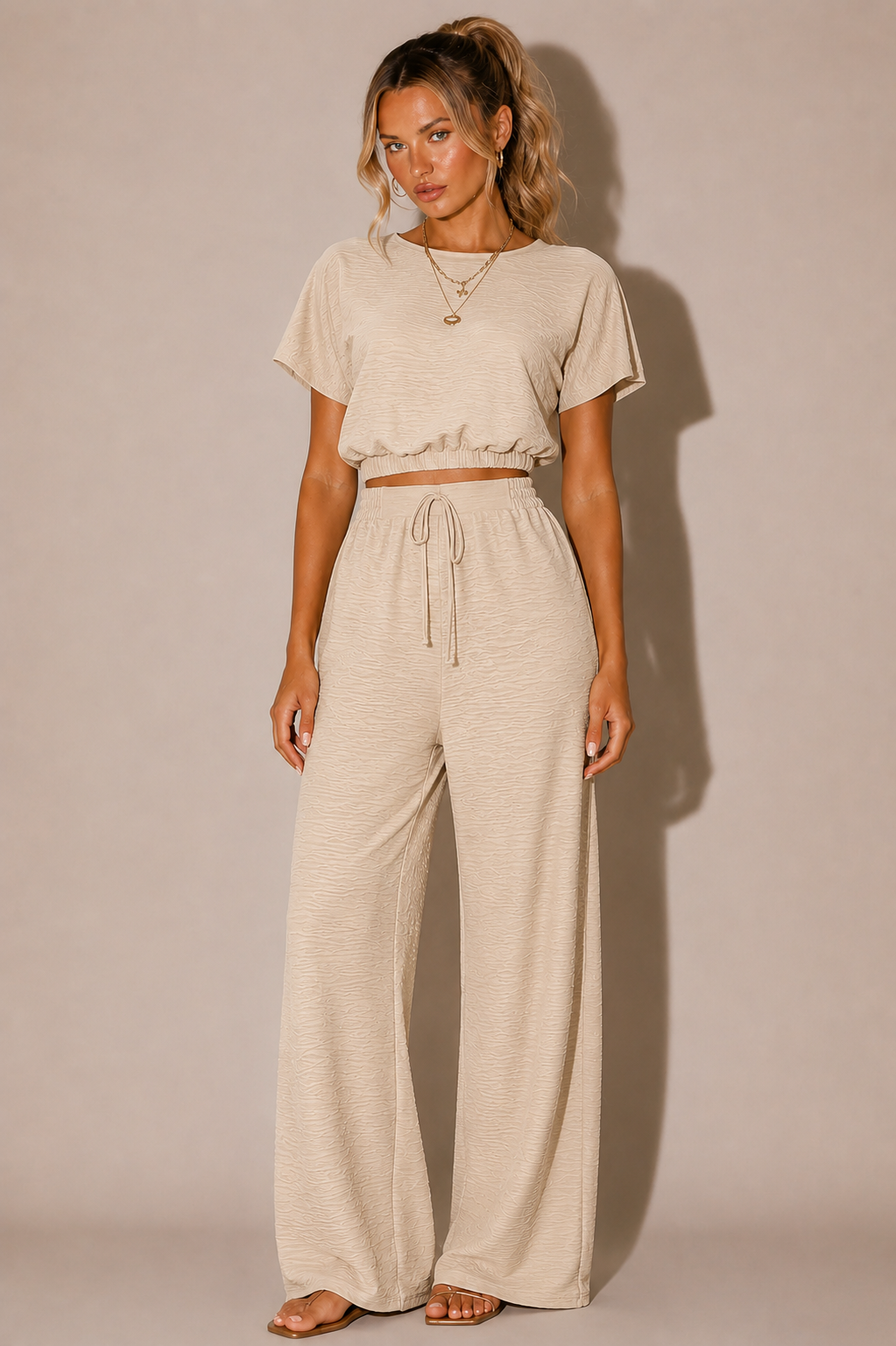 Beige Wide Leg Lounge Set