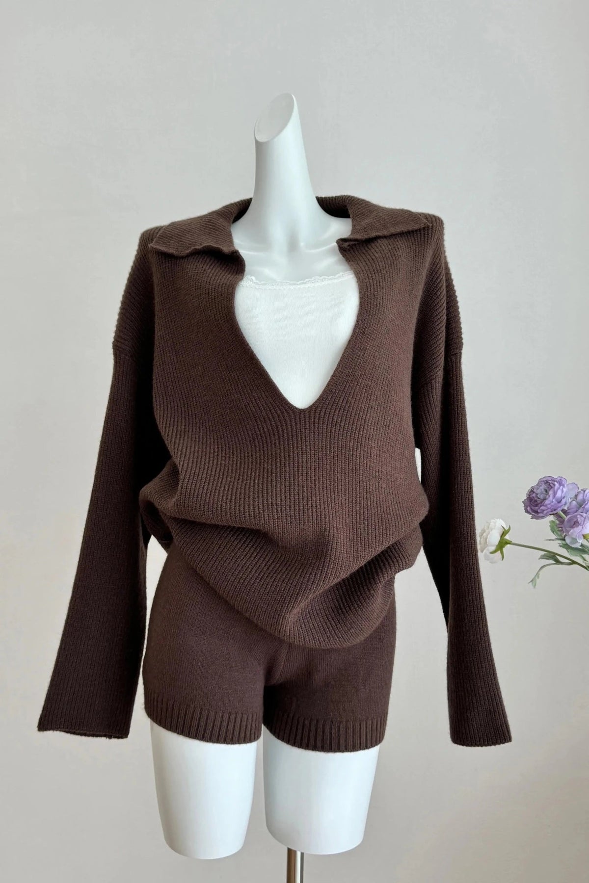 Jeannette Knit Sweater Set | Women's V-Neck Shorts Suit