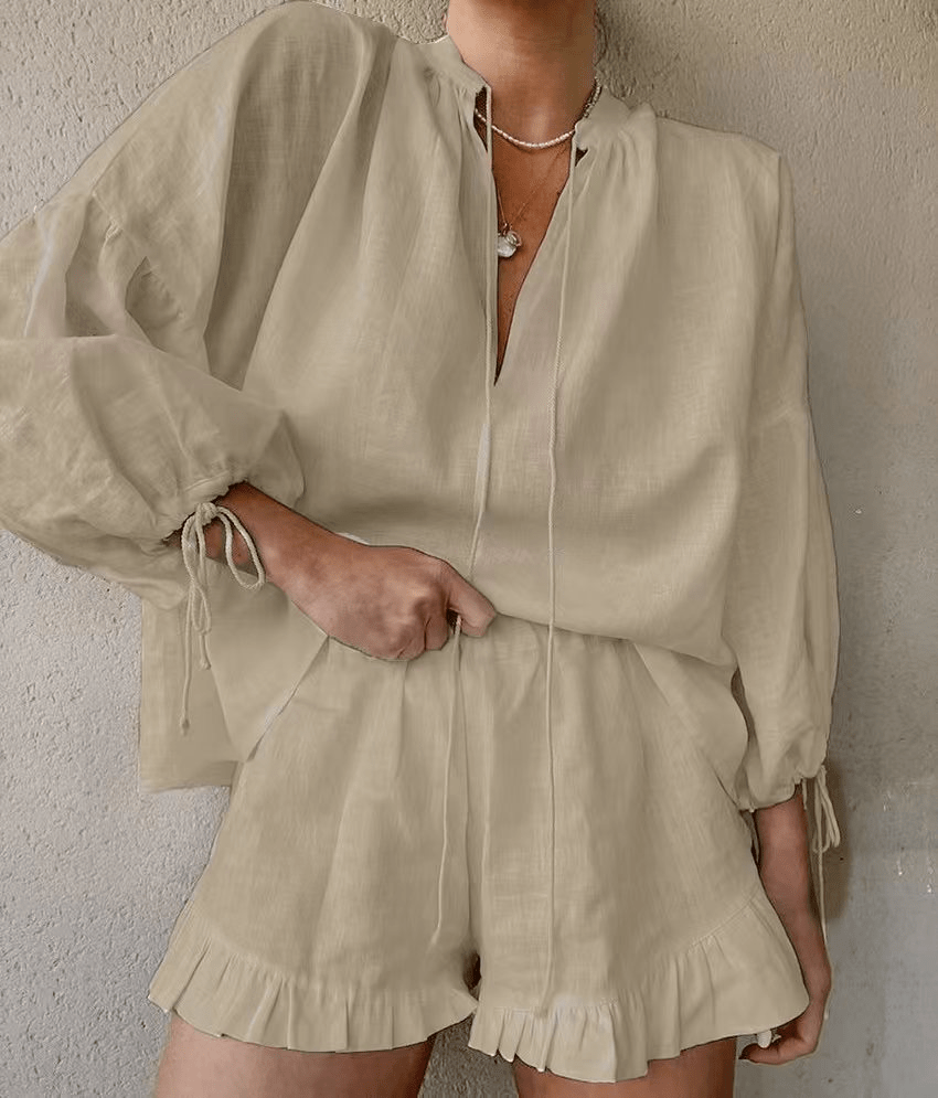 Nina Ruffled Lounge Set | Women's Long Sleeve Shorts Set