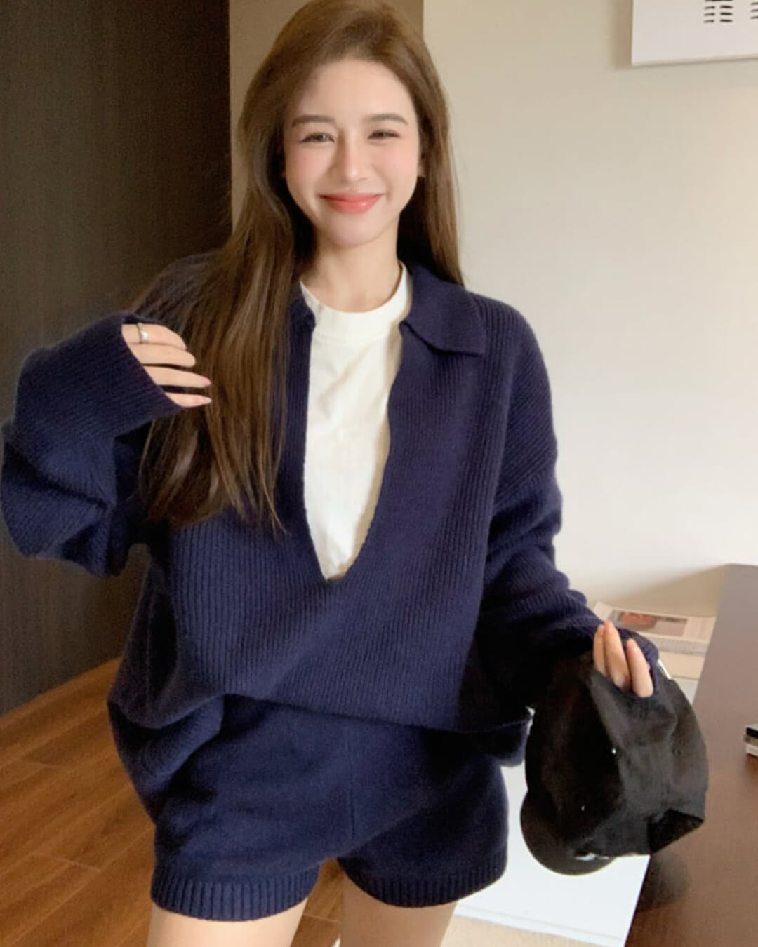 Jeannette Knit Sweater Set | Women's V-Neck Shorts Suit