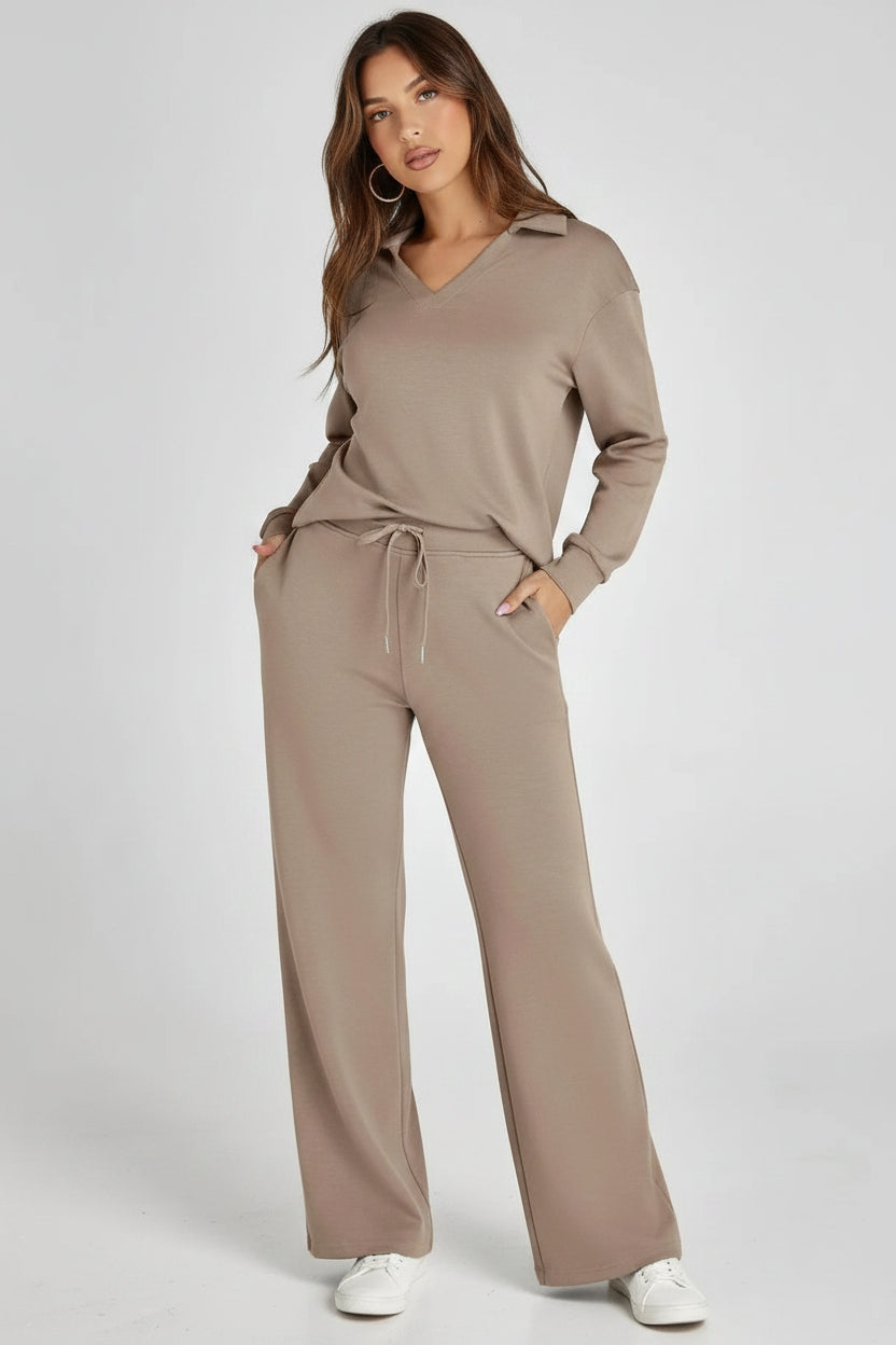 Clara Long Sleeve & Wide-Leg Set | Women's V-Neck Two-Piece