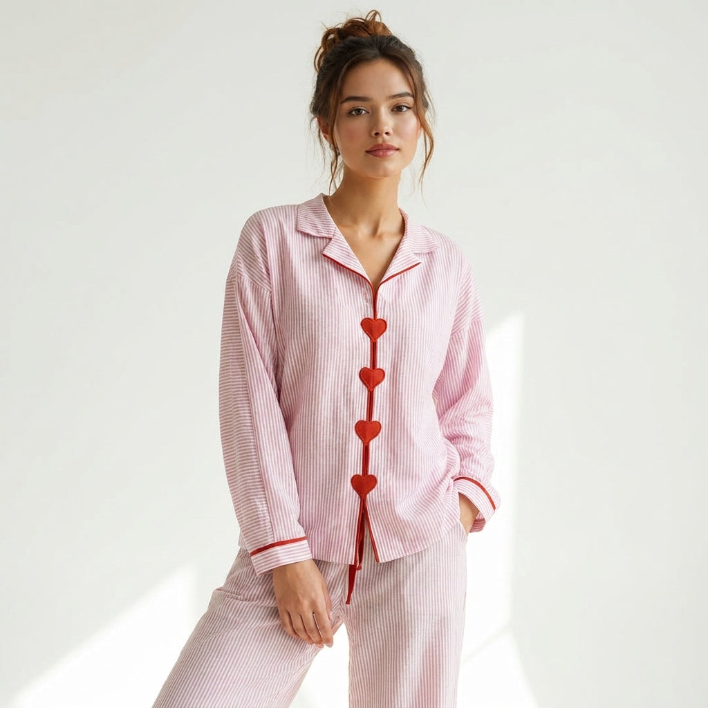 Della Heart-Button Pyjama Set | Women's Straight-Leg Two-Piece