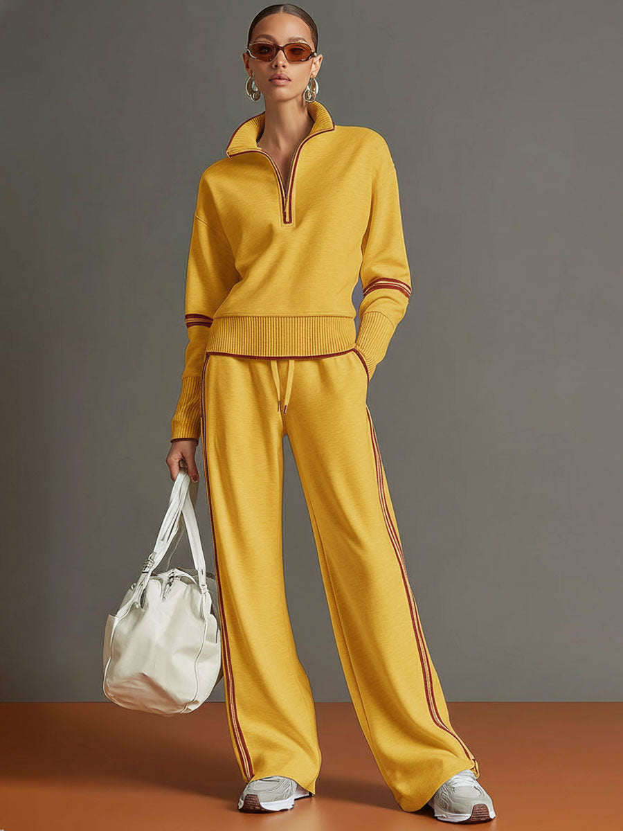 Women's Retro Two-Piece Tracksuit Set Half Zip Wide Leg