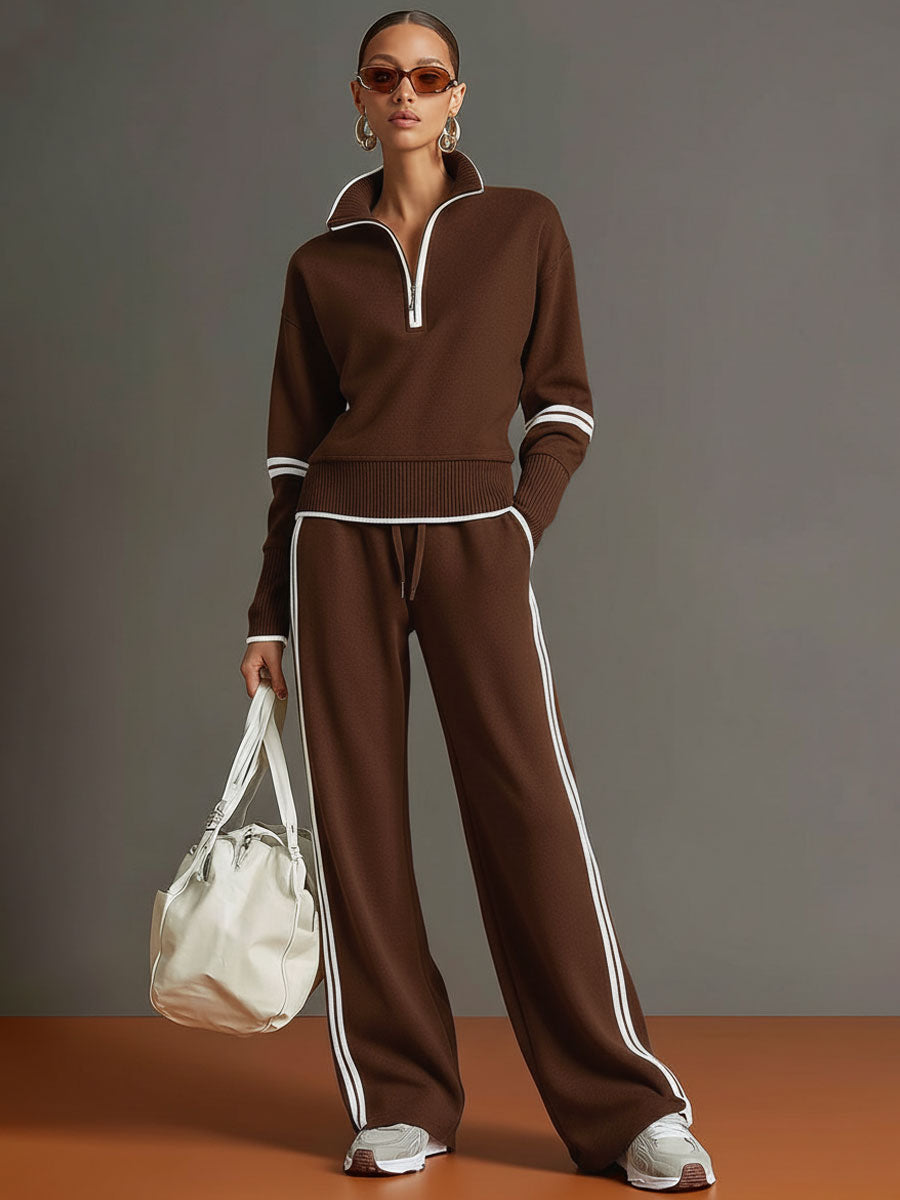 Women's Retro Two-Piece Tracksuit Set Half Zip Wide Leg