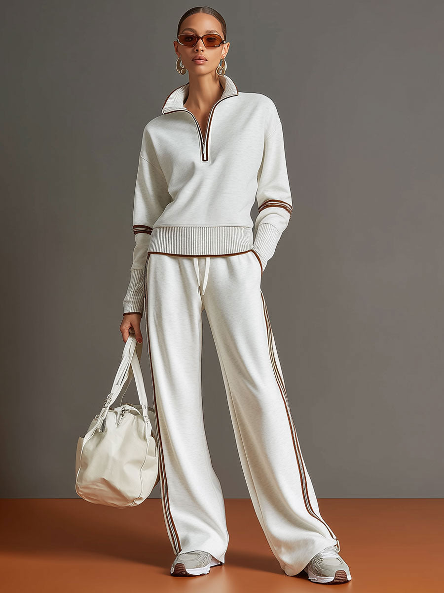 Women's Retro Two-Piece Tracksuit Set Half Zip Wide Leg