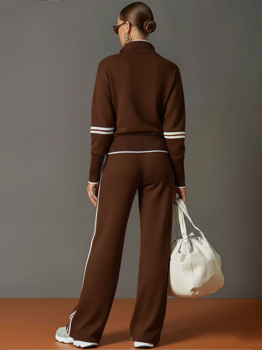 Women's Retro Two-Piece Tracksuit Set Half Zip Wide Leg