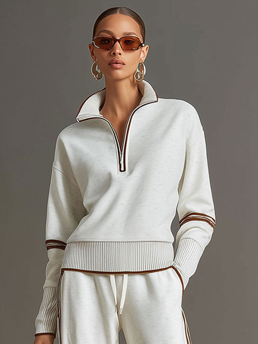 Women's Retro Two-Piece Tracksuit Set Half Zip Wide Leg