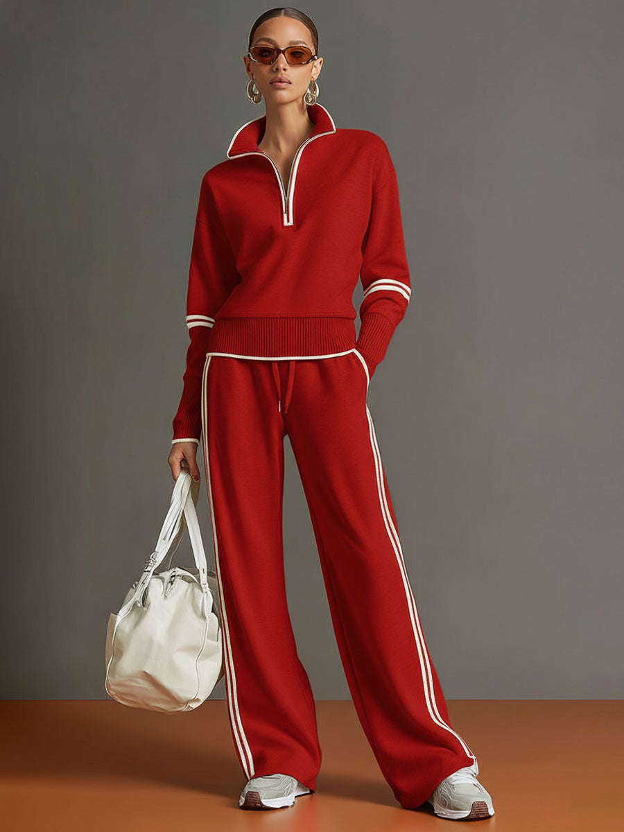 Women's Retro Two-Piece Tracksuit Set Half Zip Wide Leg