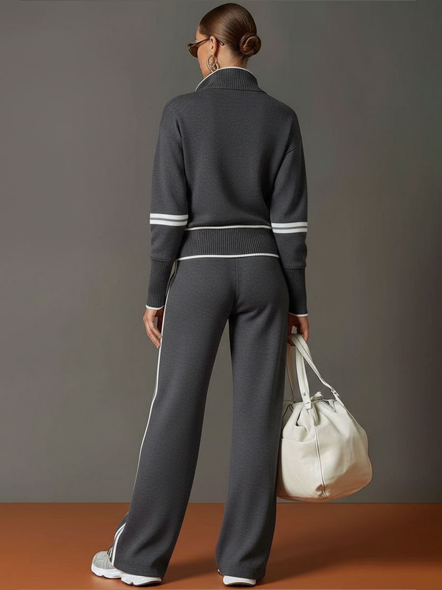 Women's Retro Two-Piece Tracksuit Set Half Zip Wide Leg