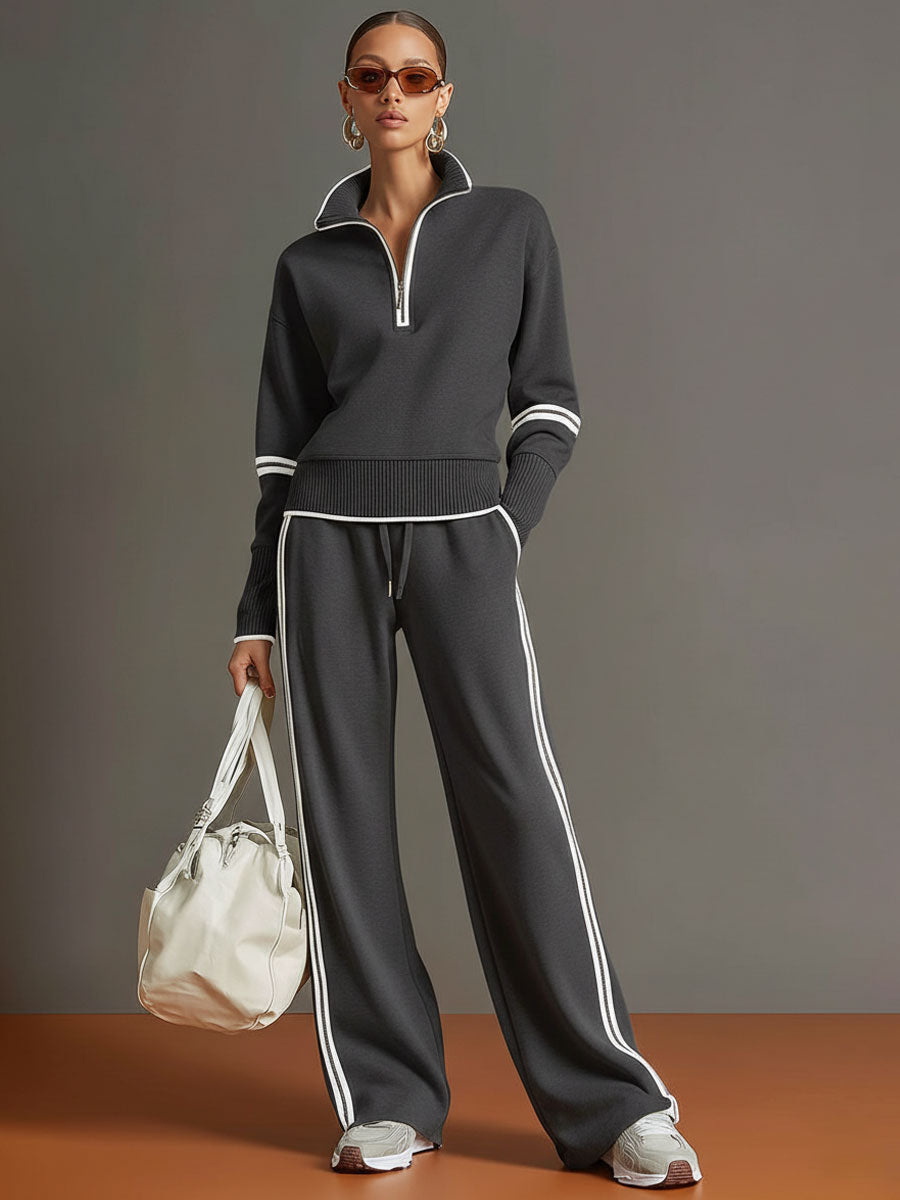 Women's Retro Two-Piece Tracksuit Set Half Zip Wide Leg