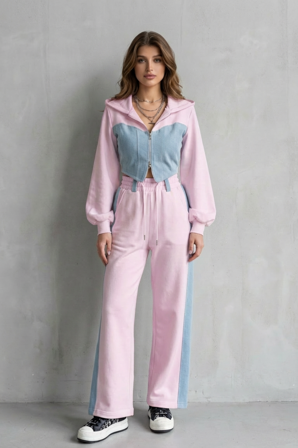 Arlo – Denim Splice – Two-Piece Hoodie & Sweatpant Set