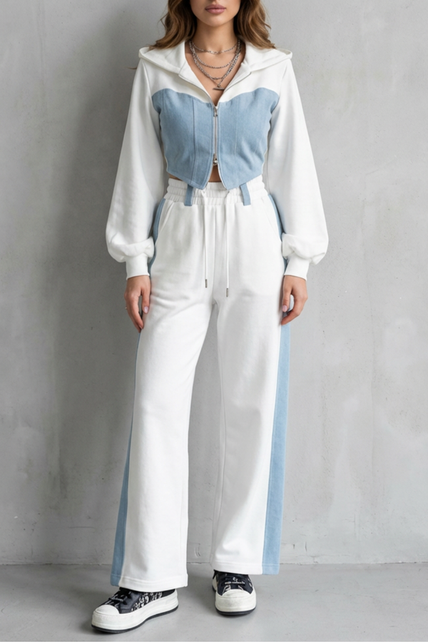 Arlo – Denim Splice – Two-Piece Hoodie & Sweatpant Set