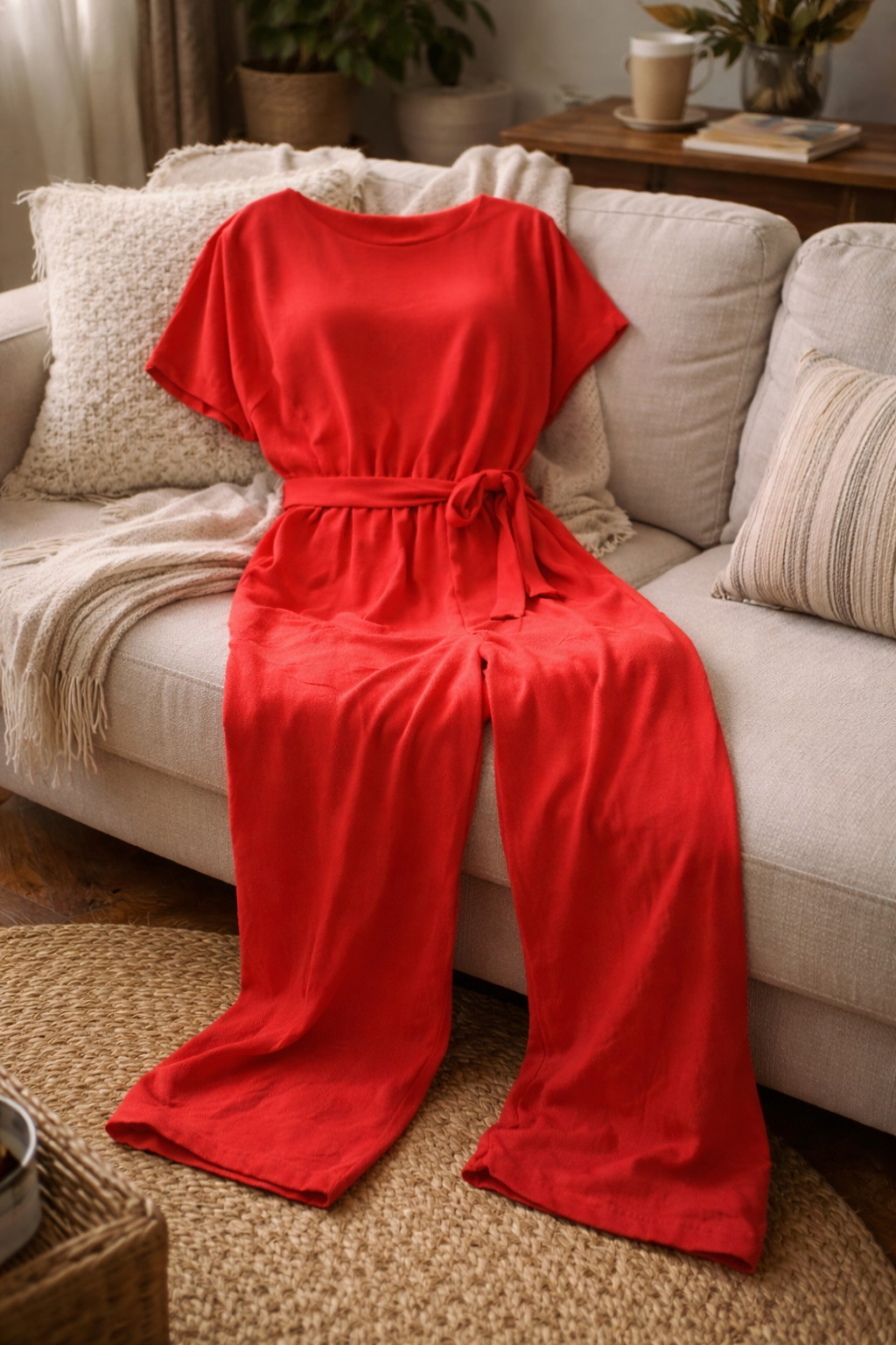 Joanna Belted Lounge Jumpsuit | Women's Short Sleeve Tie-Waist
