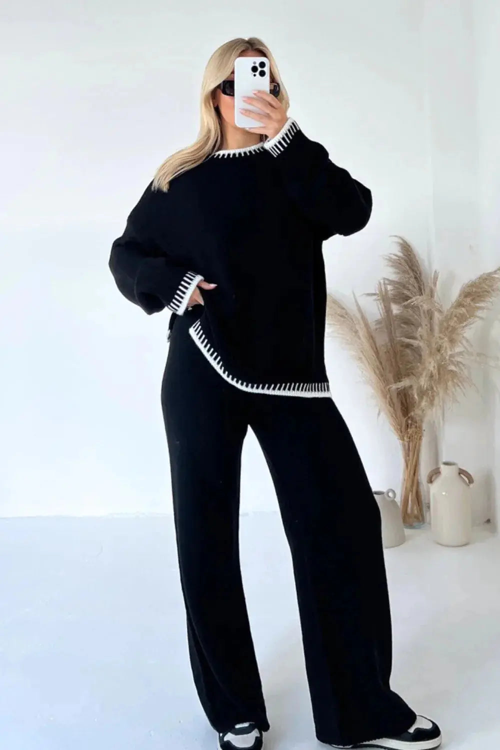 Contrast Trim Knit Lounge Set with Wide Leg Trousers