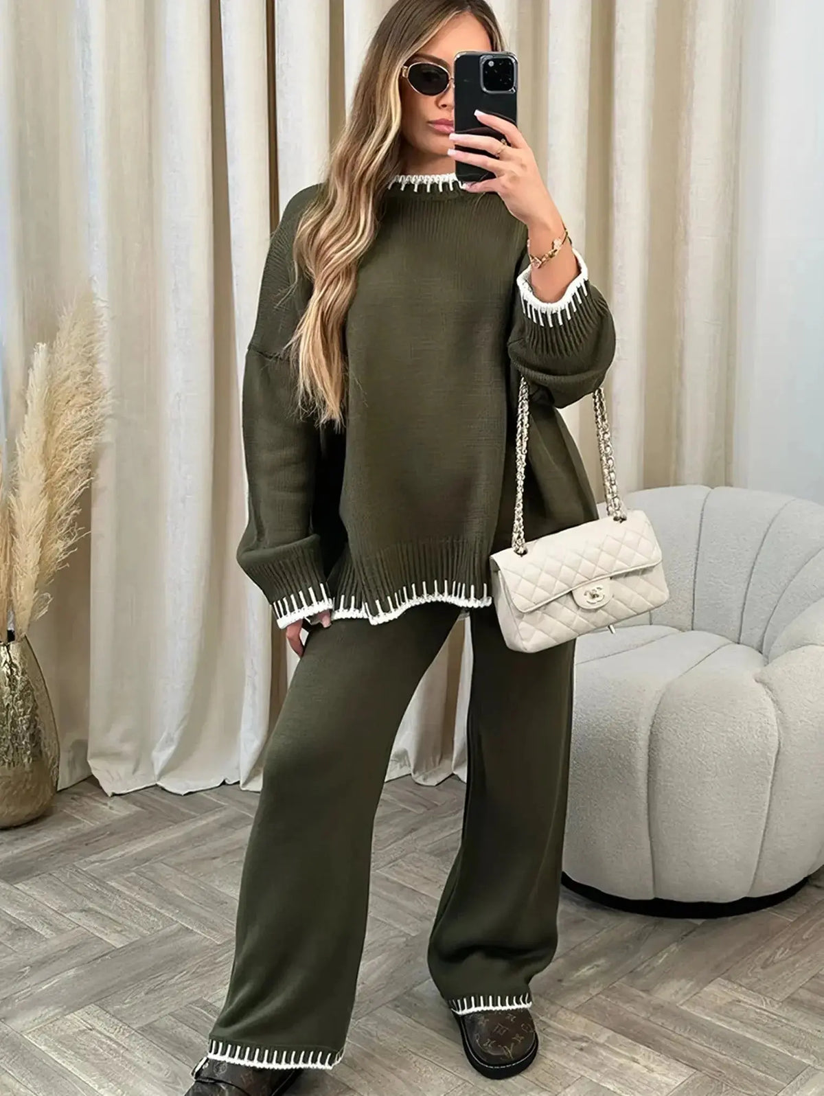 Contrast Trim Knit Lounge Set with Wide Leg Trousers