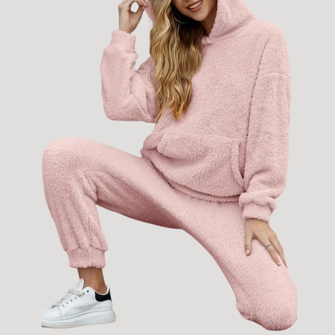 Fleece Lounge Set with High Neck Top and Relaxed Trousers