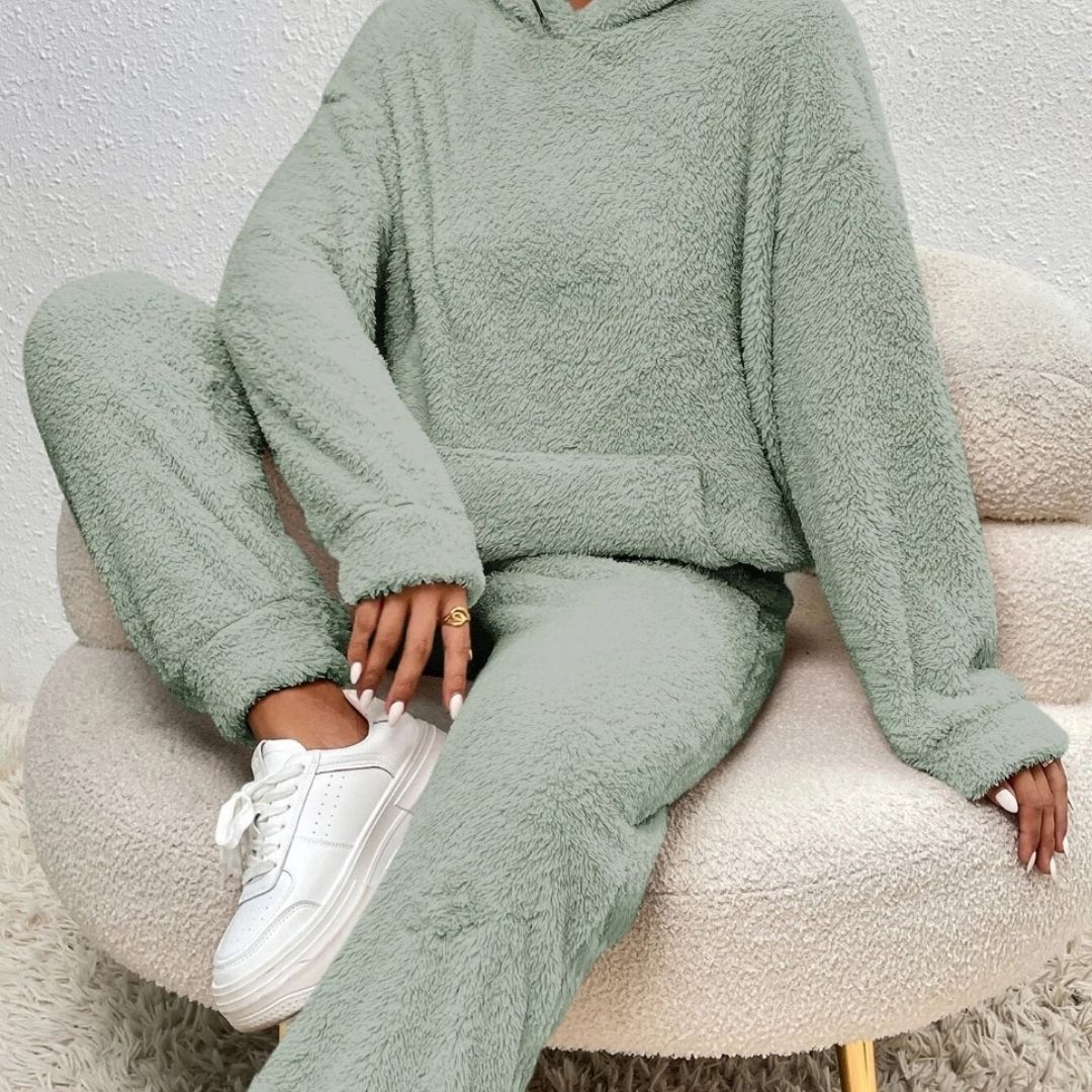 Fleece Lounge Set with High Neck Top and Relaxed Trousers