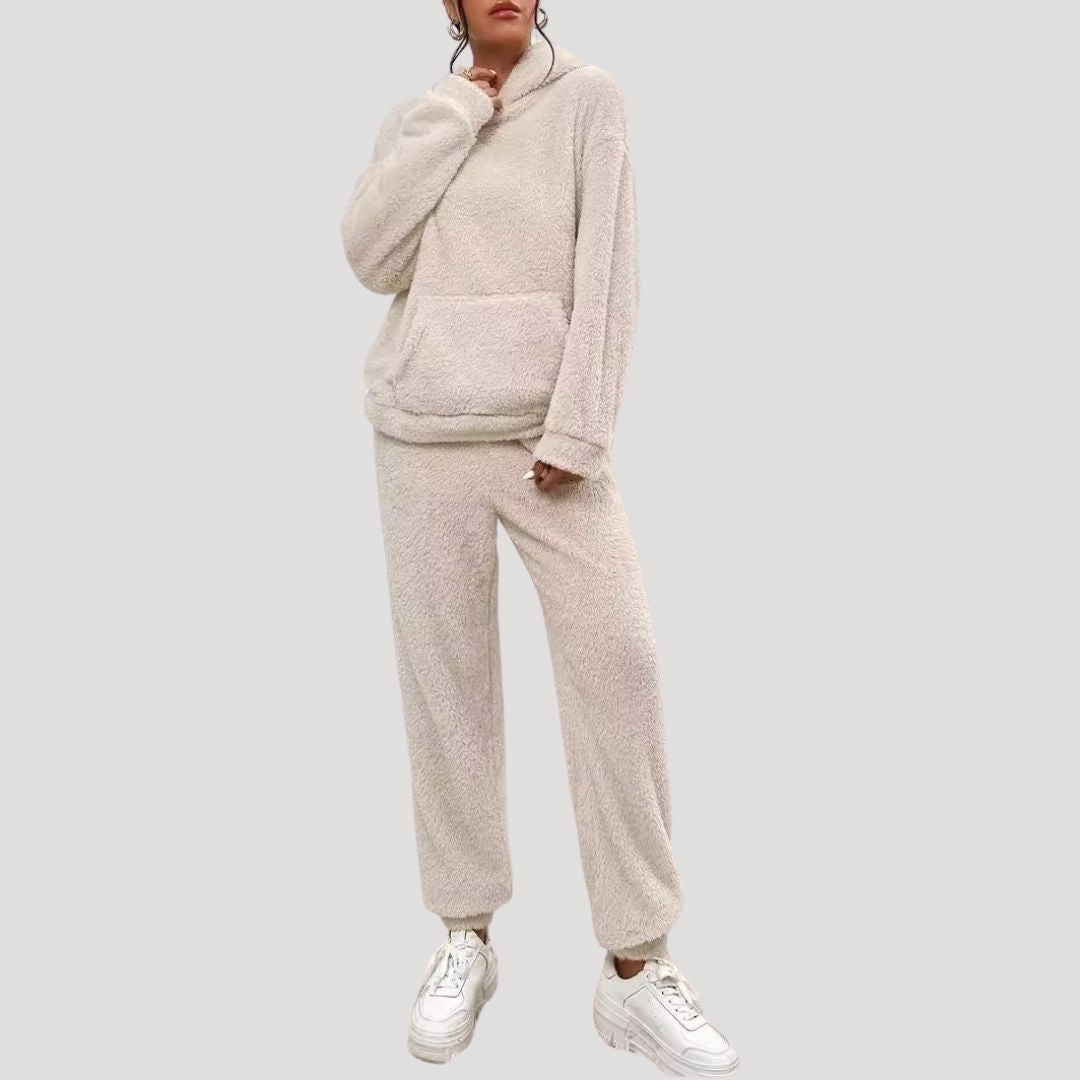 Fleece Lounge Set with High Neck Top and Relaxed Trousers