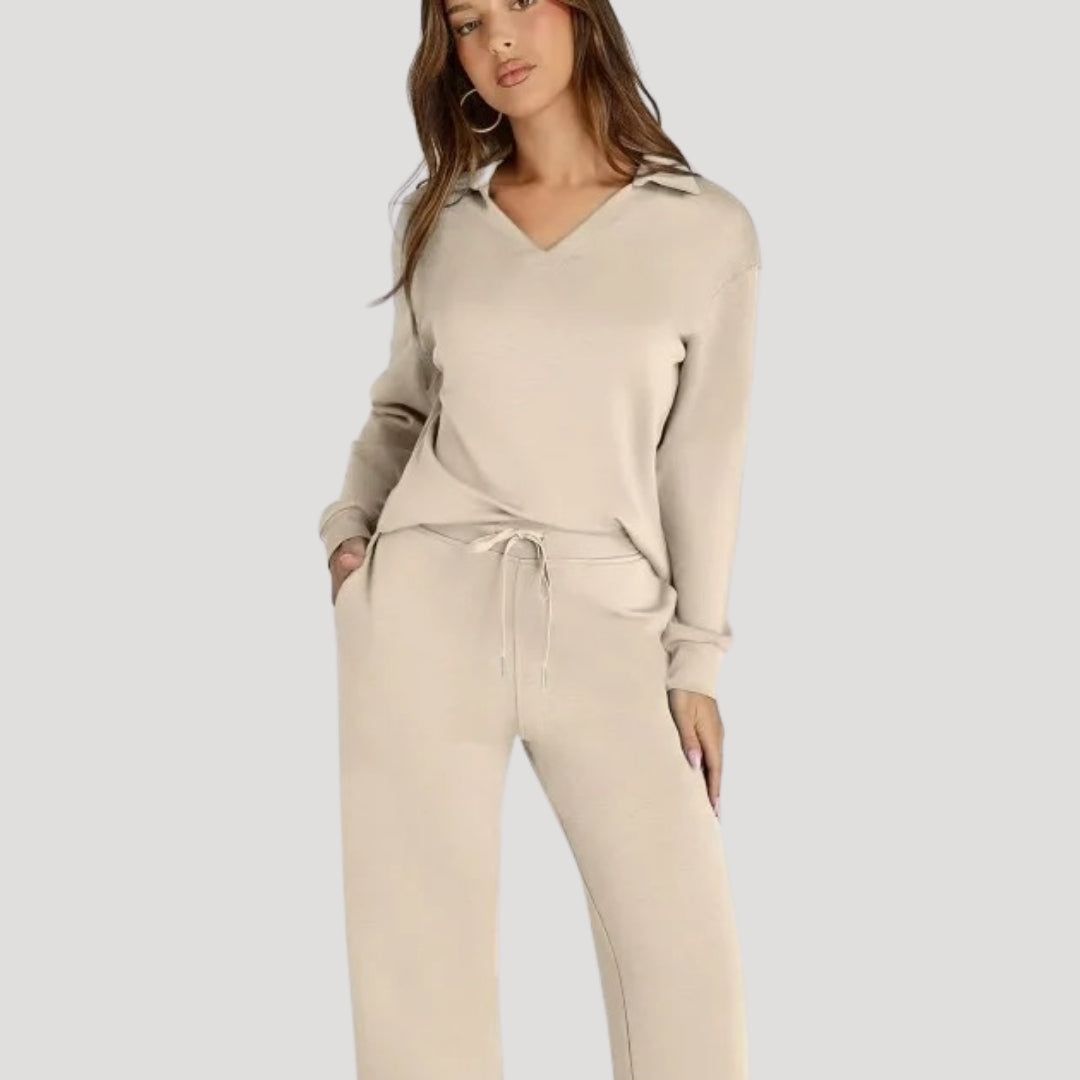 Knit Lounge Co-Ord Set with V Neck Top and Wide Leg Trousers