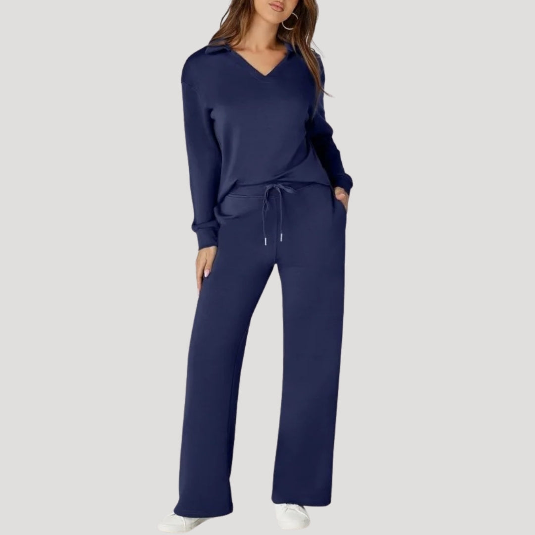 Knit Lounge Co-Ord Set with V Neck Top and Wide Leg Trousers