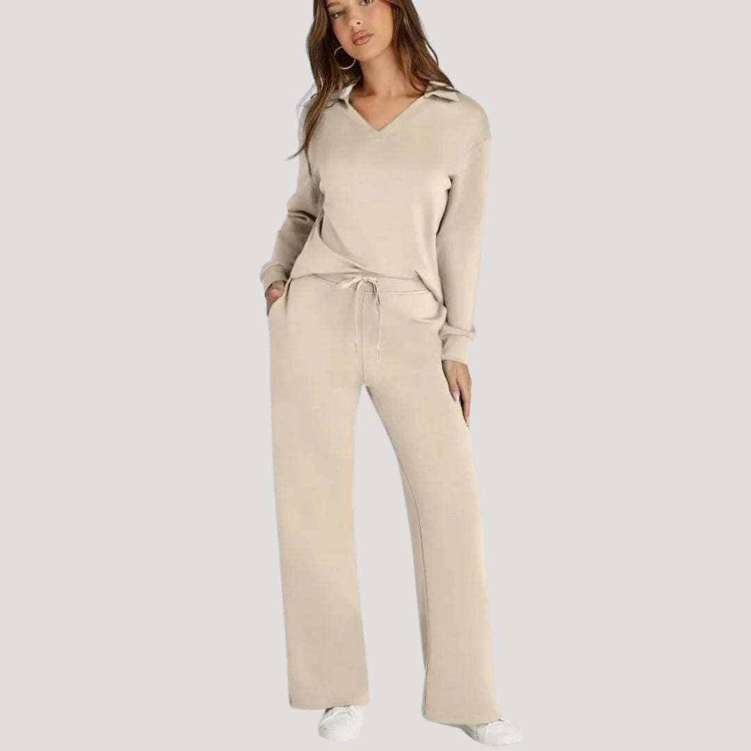 Knit Lounge Co-Ord Set with V Neck Top and Wide Leg Trousers