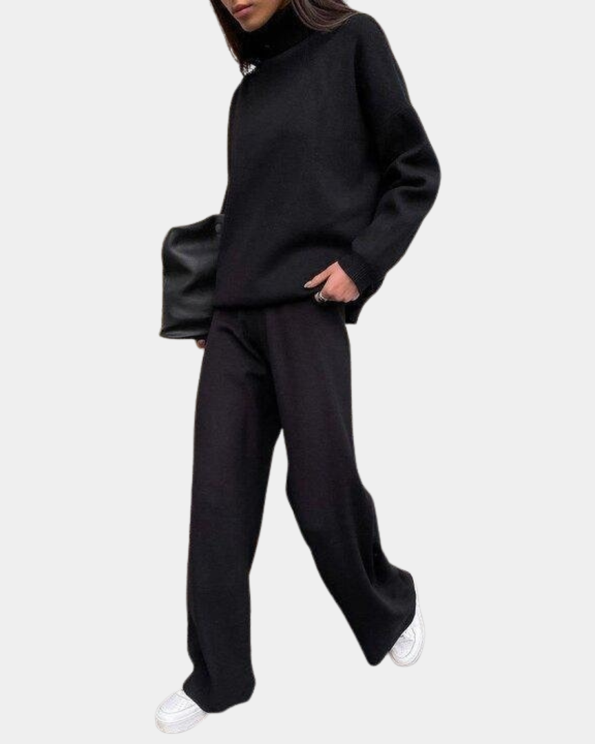 Knit Loungewear Set with Turtleneck and Wide-Leg Trousers