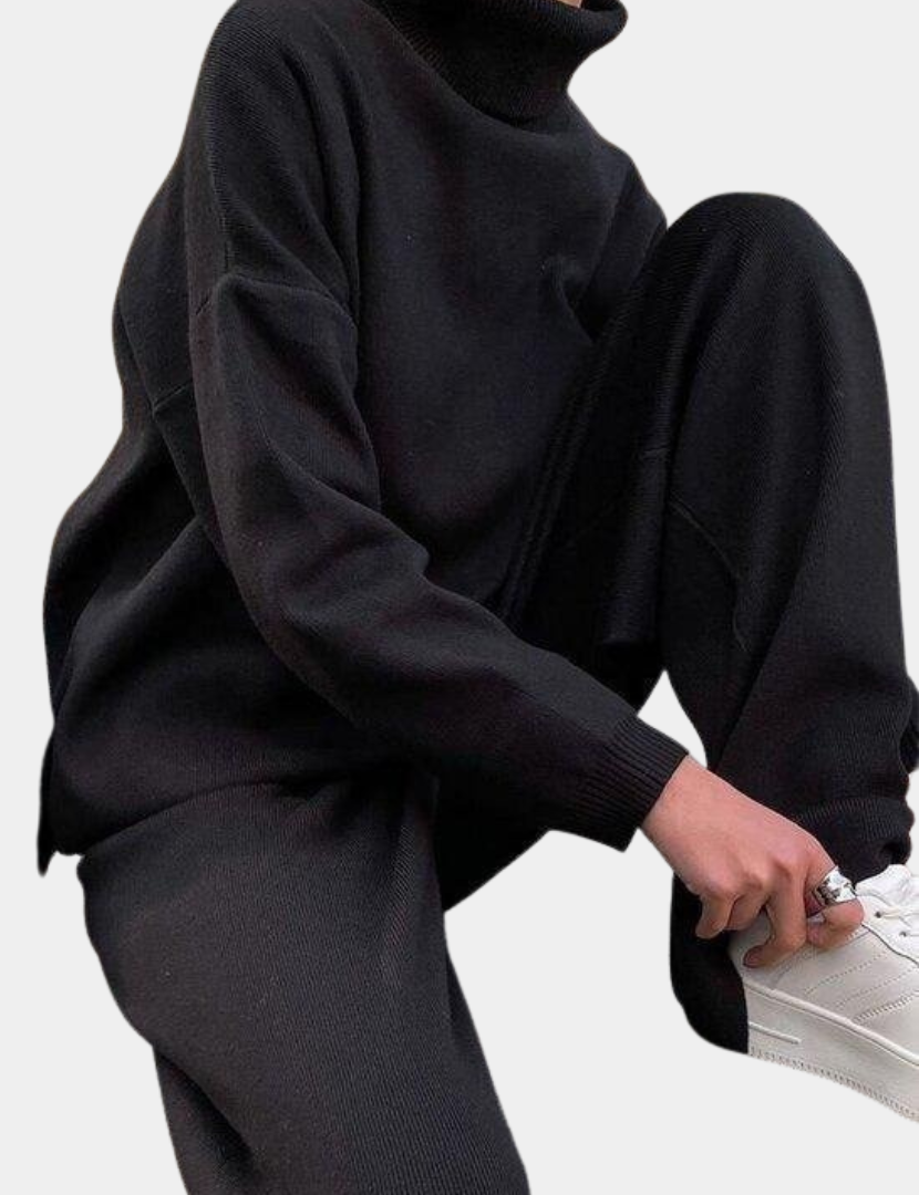 Knit Loungewear Set with Turtleneck and Wide-Leg Trousers
