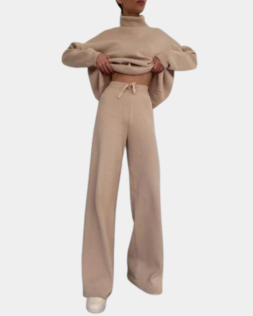 Knit Loungewear Set with Turtleneck and Wide-Leg Trousers