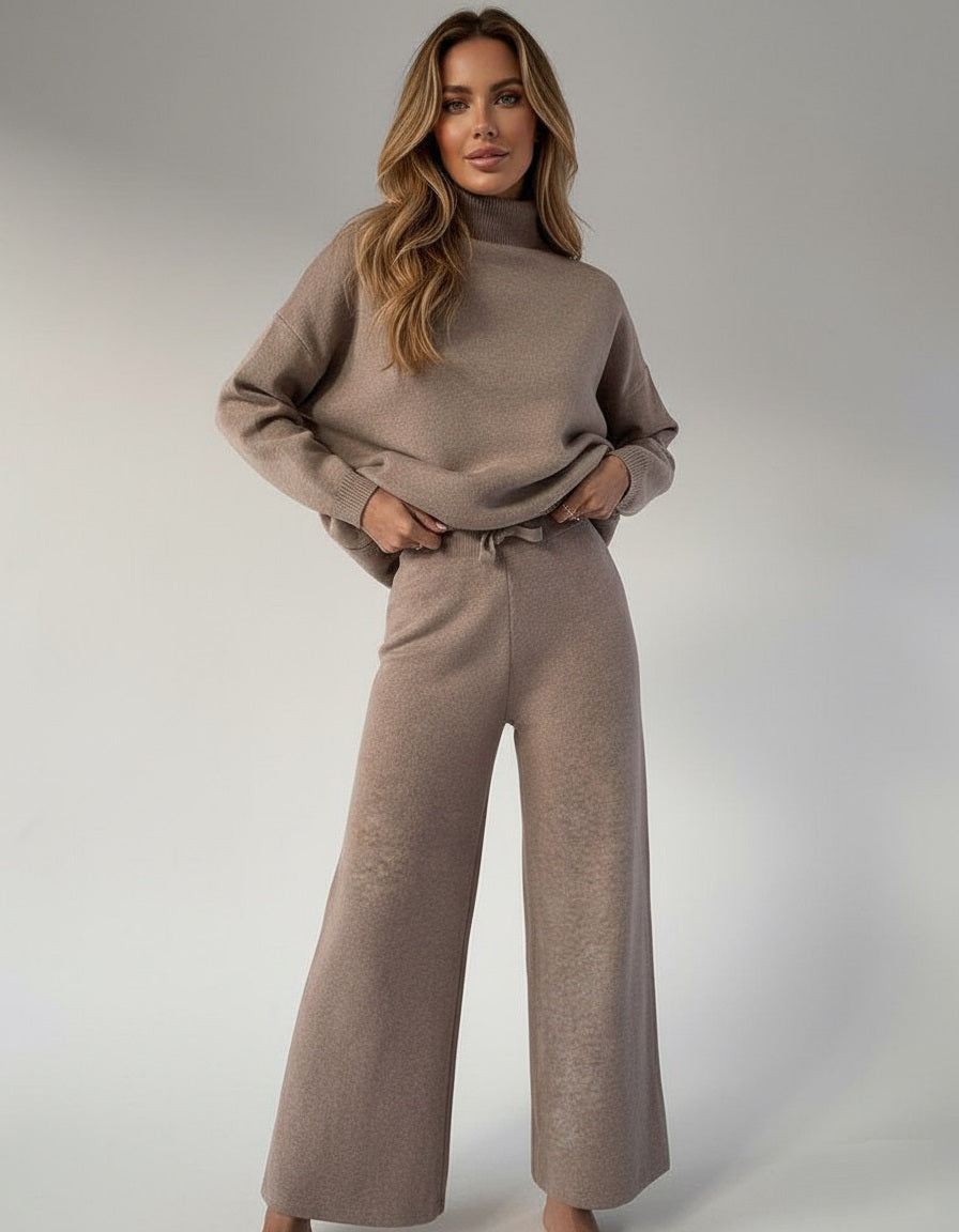 Knit Loungewear Set with Turtleneck and Wide-Leg Trousers