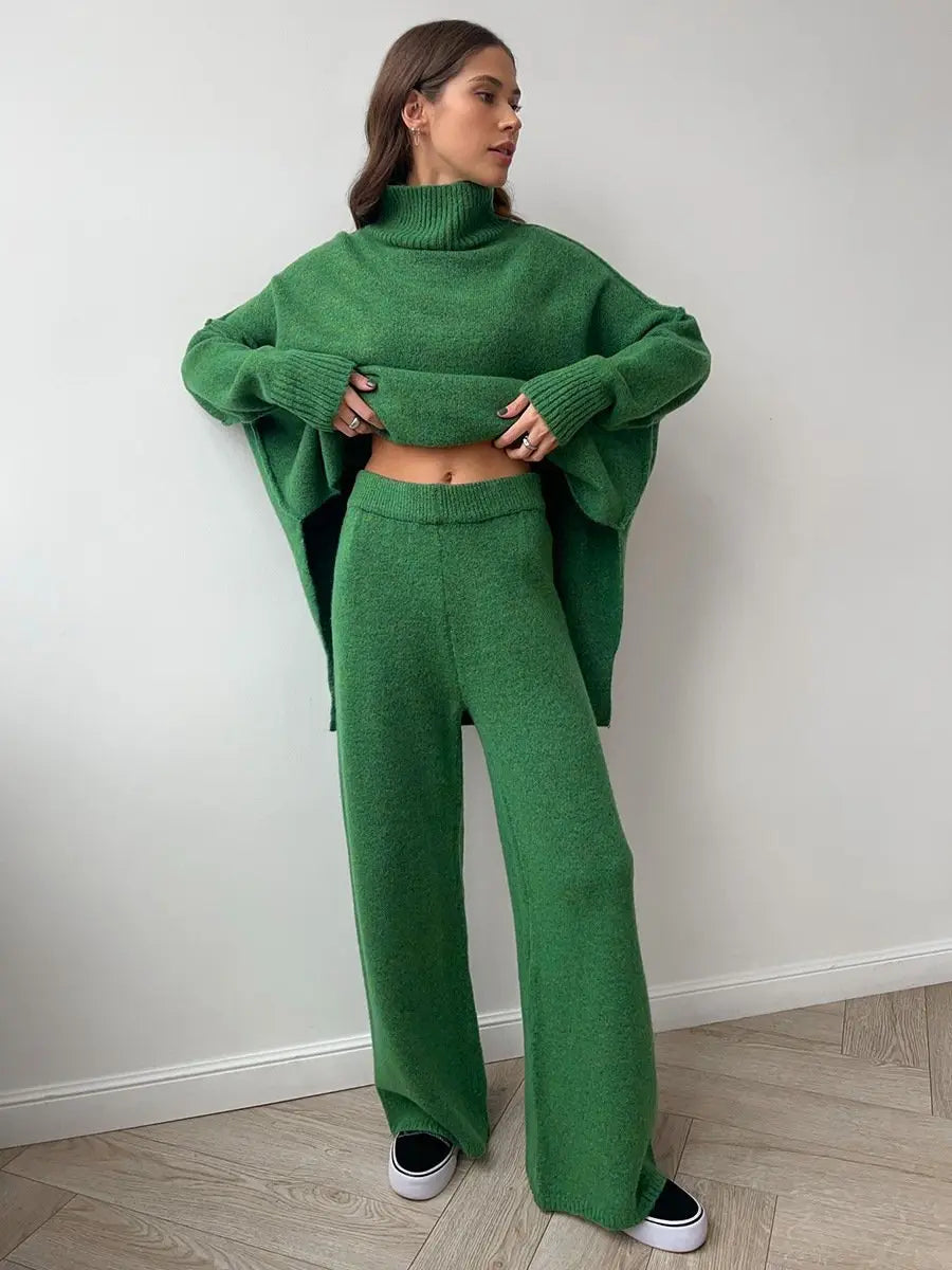 Knitted Lounge Set with Turtleneck Sweater and Wide Leg Pants