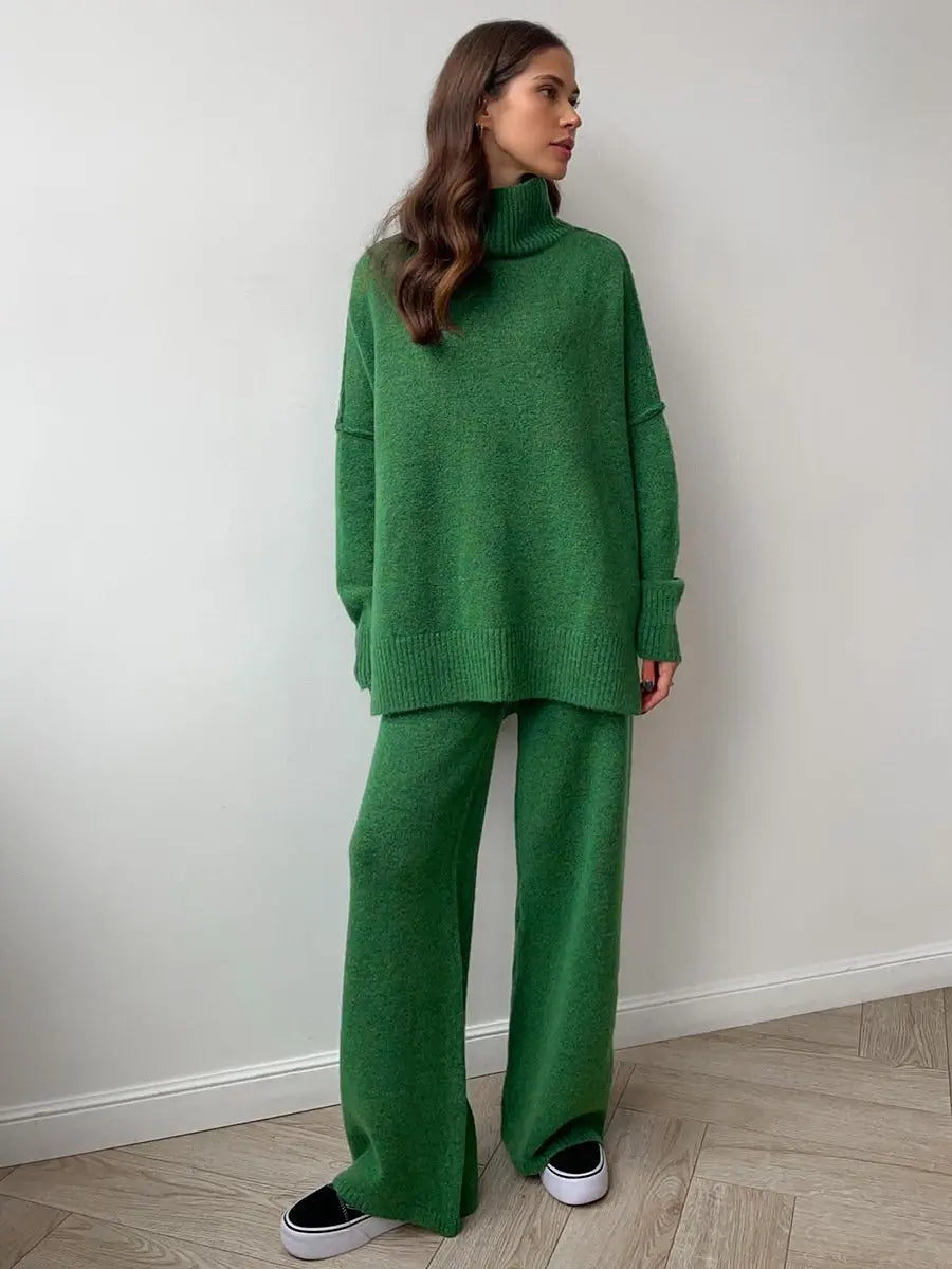 Knitted Lounge Set with Turtleneck Sweater and Wide Leg Pants
