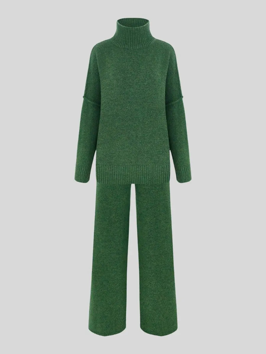Knitted Lounge Set with Turtleneck Sweater and Wide Leg Pants